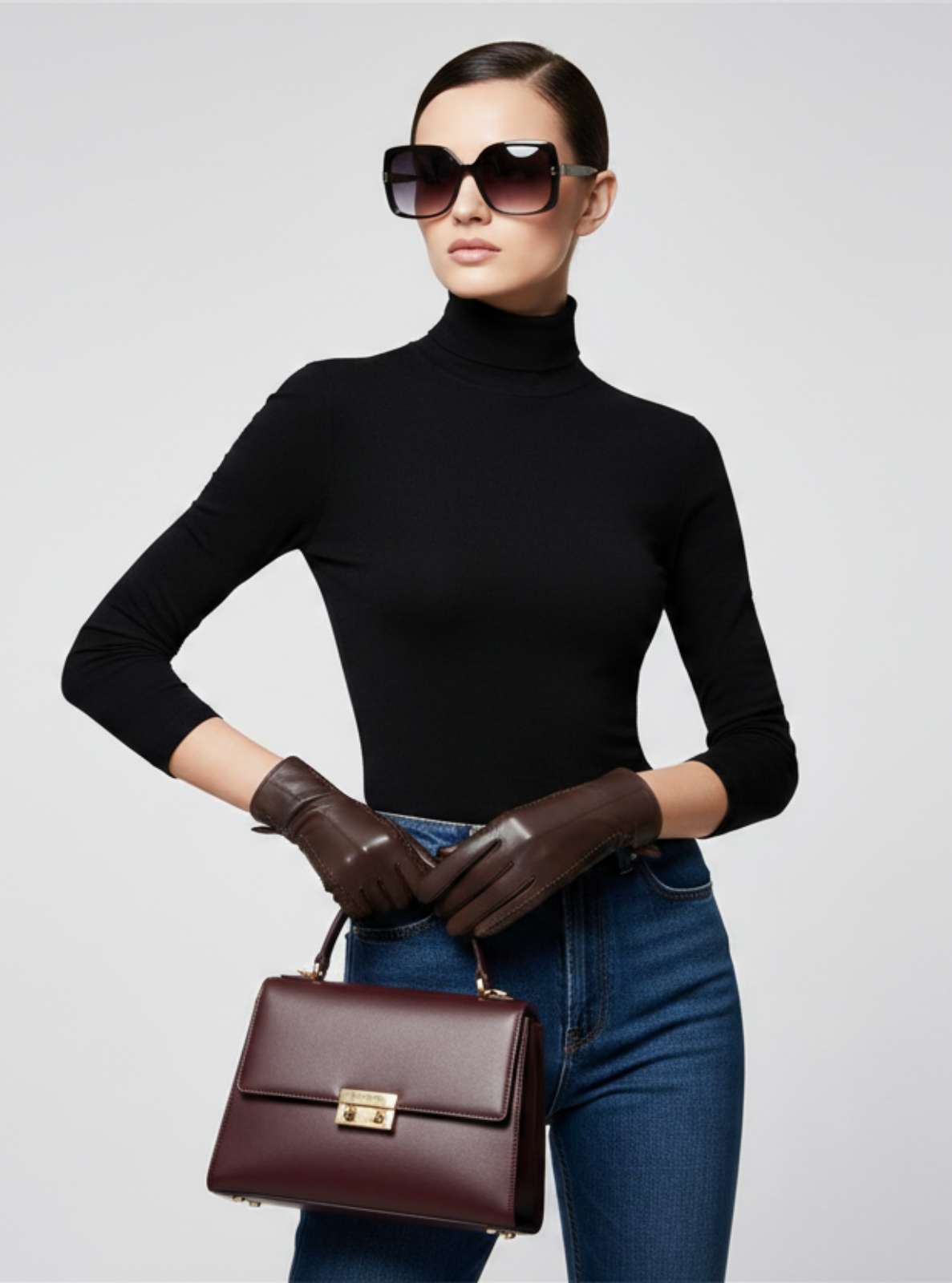 Woman in black turtleneck and blue jeans holding a brown handbag against a light gray background