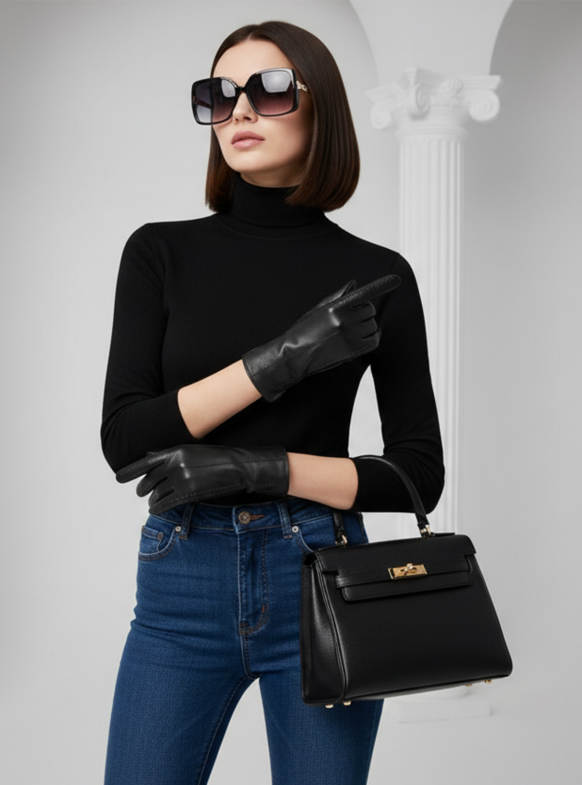 Woman in black outfit with sunglasses, gloves, and a black handbag on a light gray background