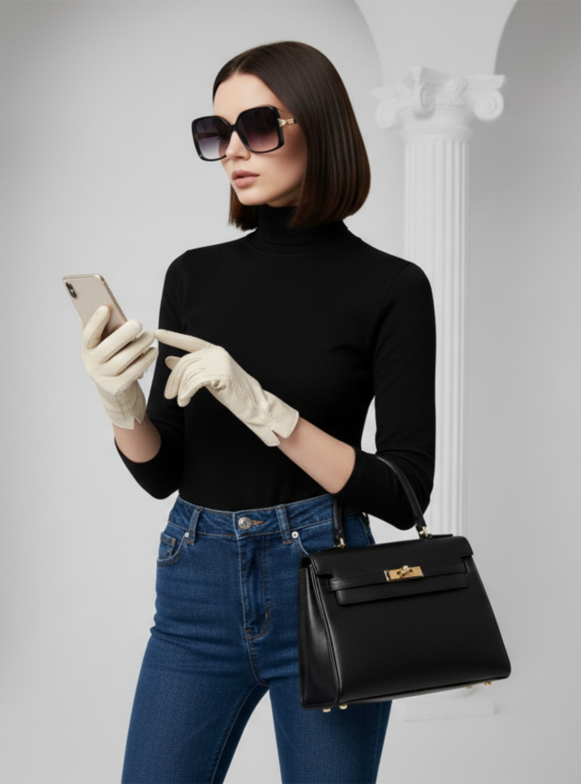 Woman in black top and jeans holding a phone and black handbag against a light gray background