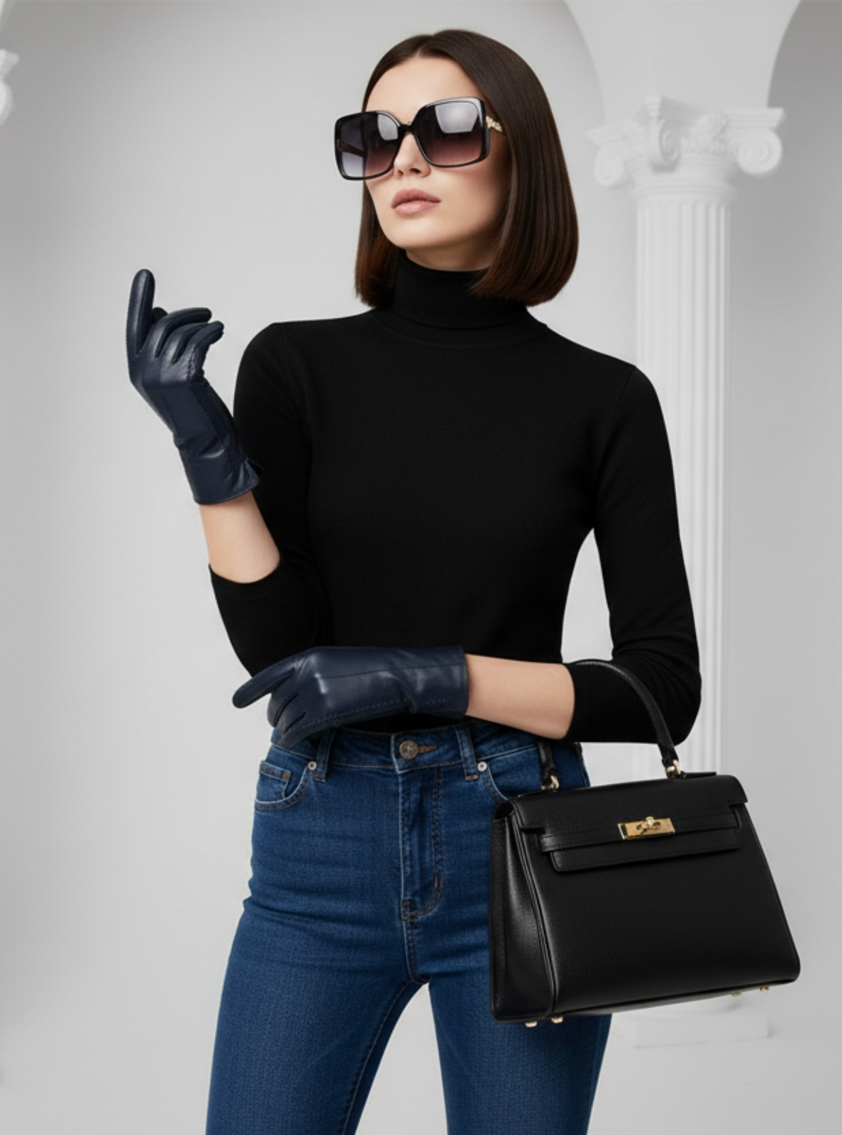 Woman in black turtleneck, blue jeans, and sunglasses holding a black handbag against a white background