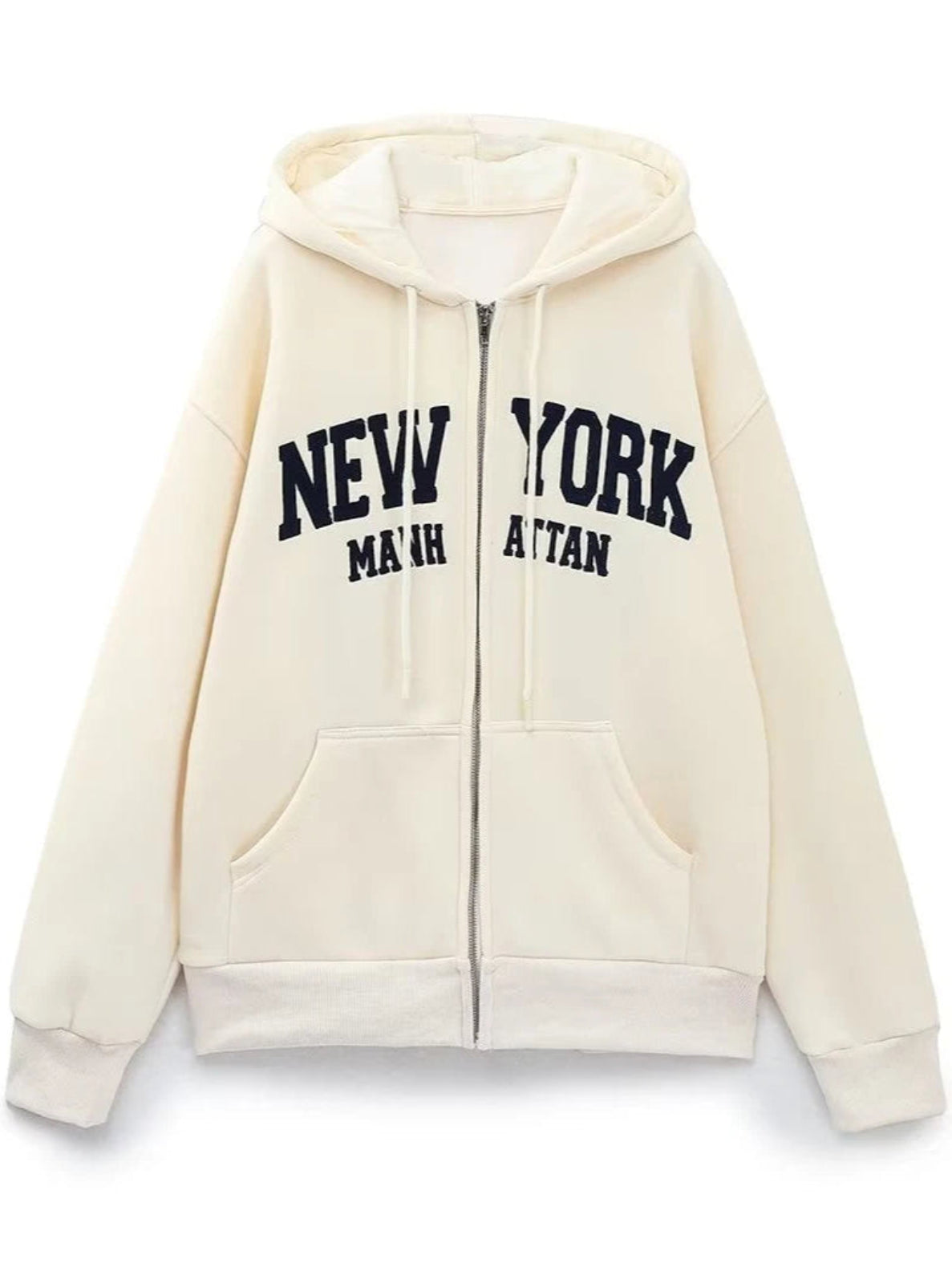 White hoodie with 'New York Manhattan' text on a white background