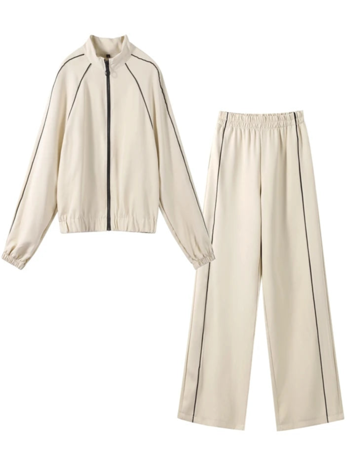 Beige tracksuit with black zipper and side lines on a white background