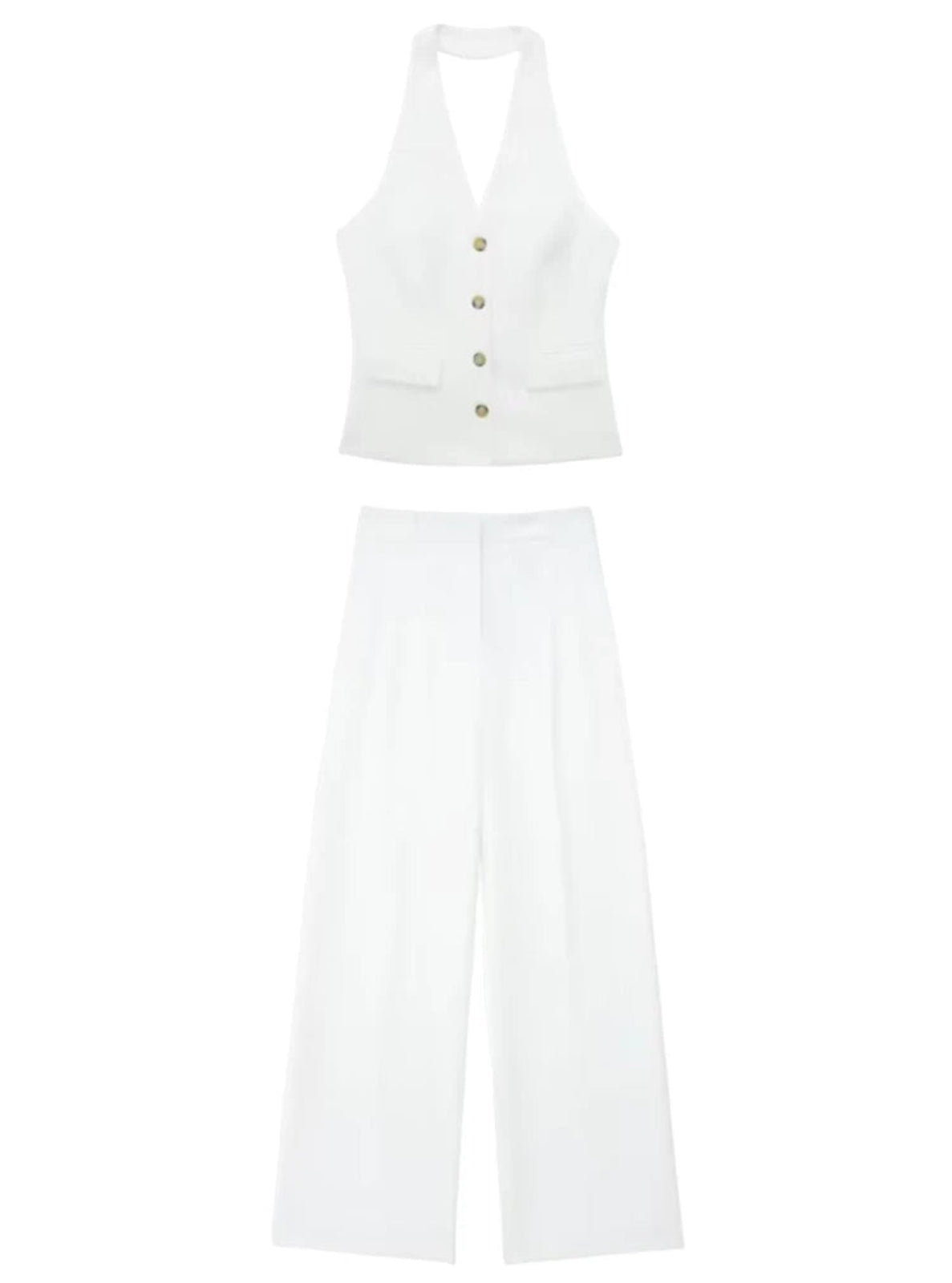 White sleeveless top and pants set on a white background