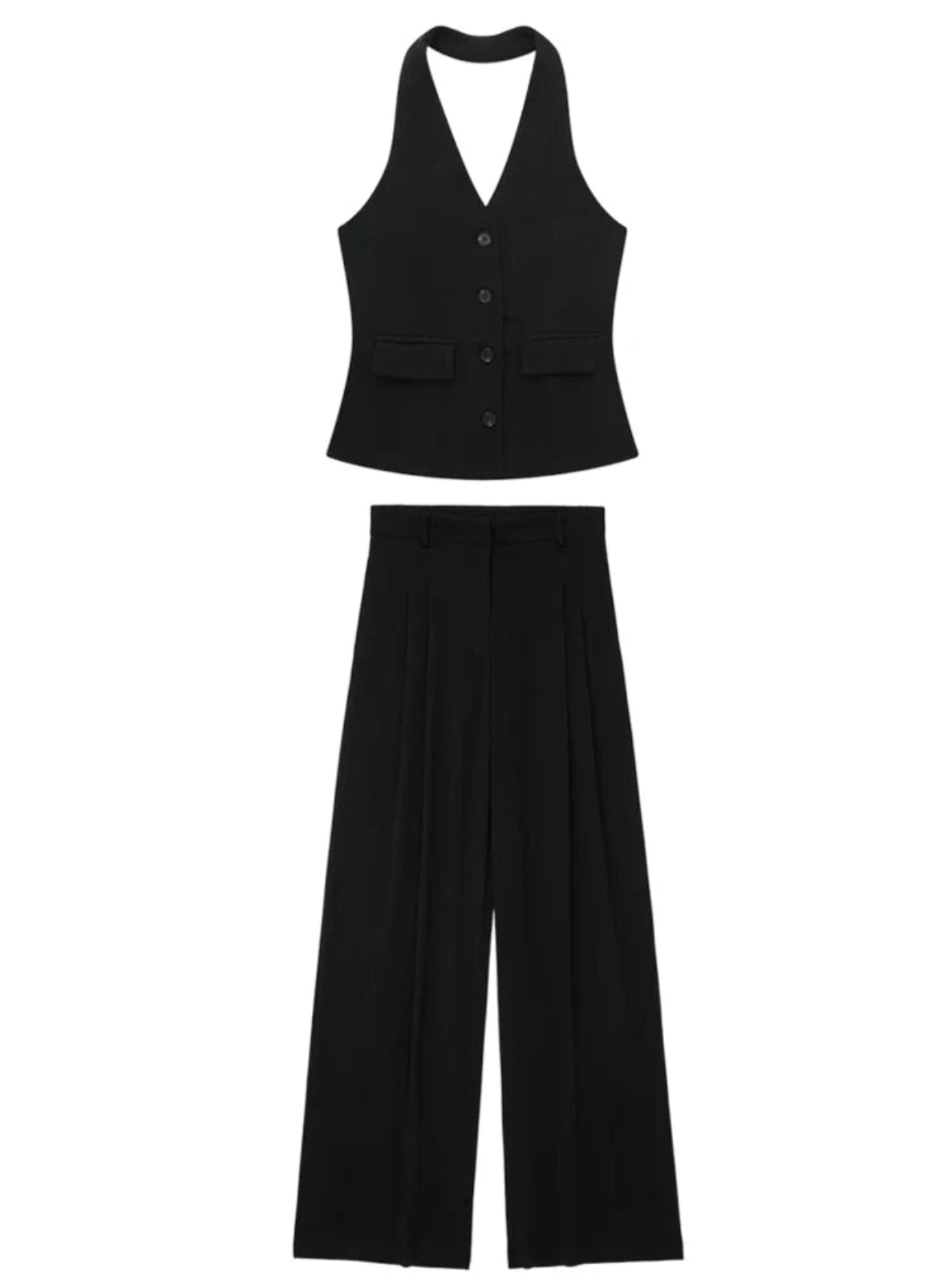 Black sleeveless top and wide-leg pants set on a white background