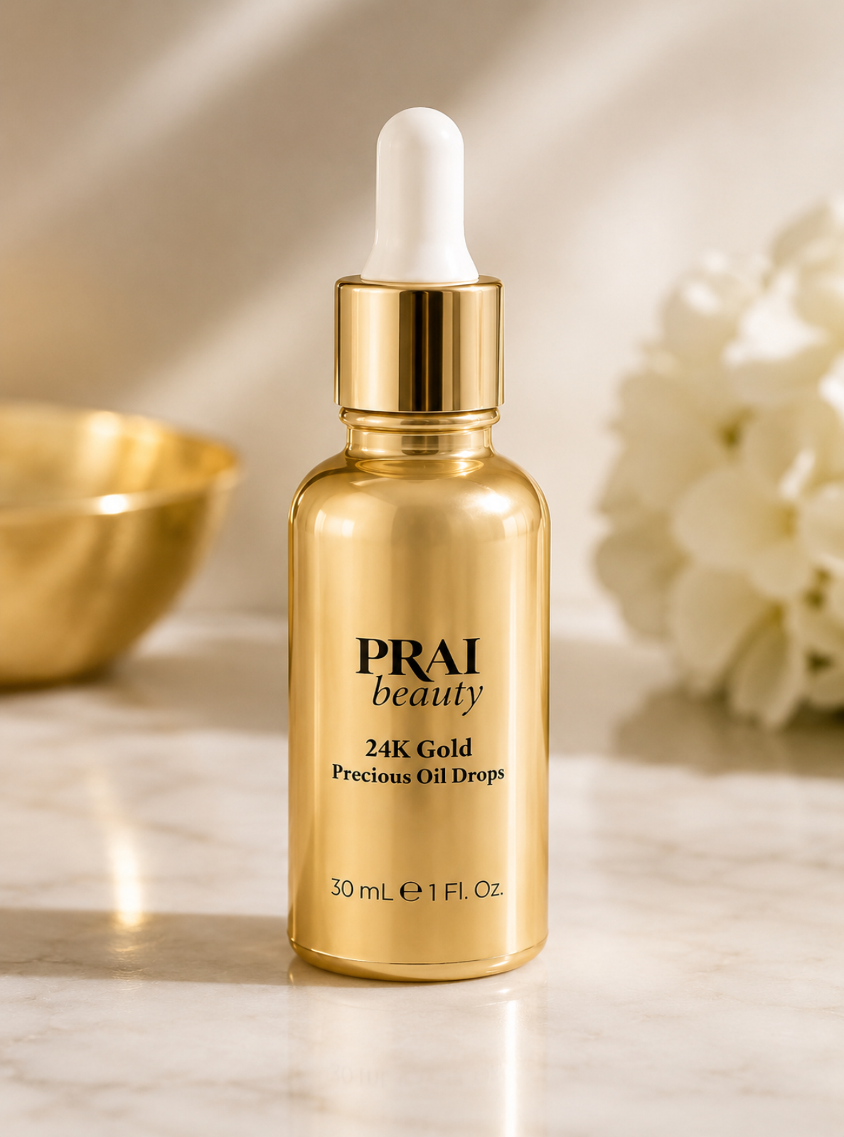 A bottle of PRAI beauty 24K Gold Precious Oil Drops with a white dropper cap, set on a marble surface with soft-focus decorative elements in the background.