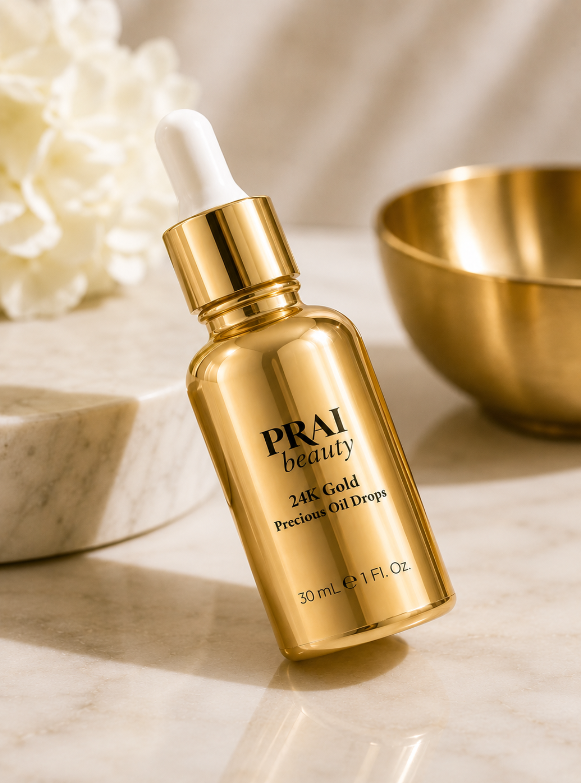 A bottle of PRAI beauty 24K Gold Precious Oil Drops with a white dropper cap, set on a marble surface with a gold bowl and white flowers in the background.