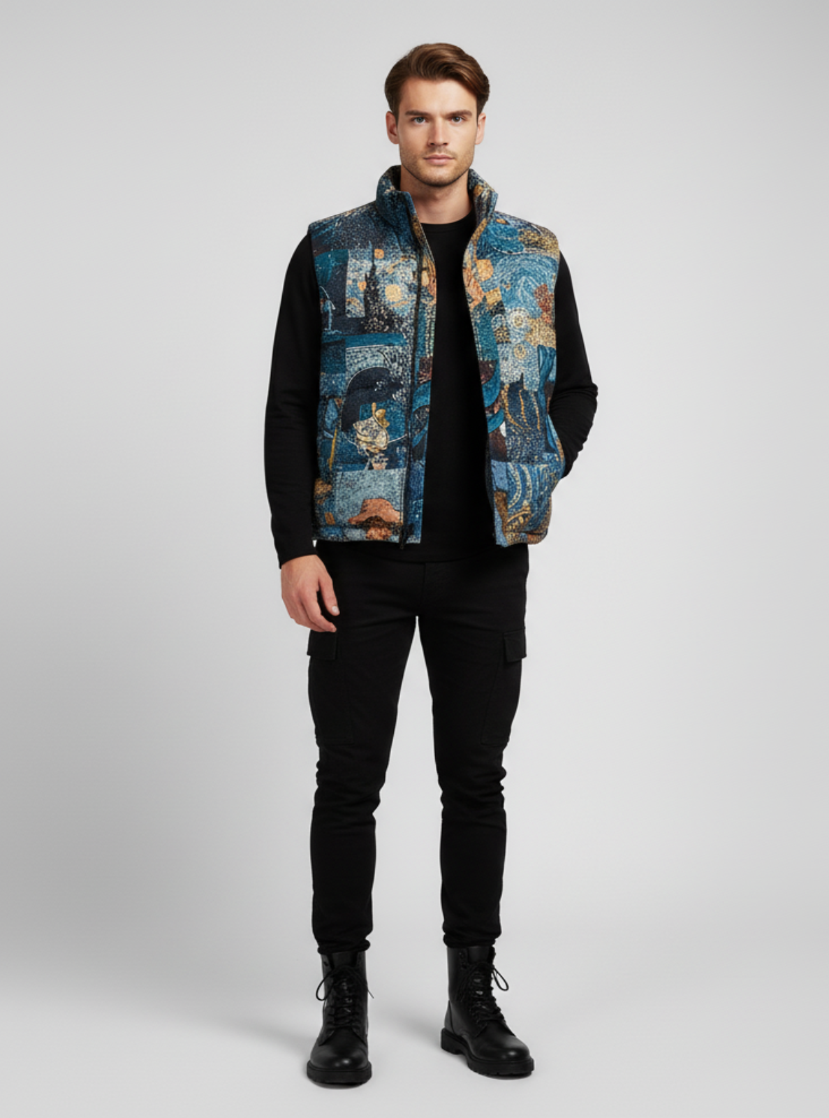 Man wearing a patterned vest over a black shirt and pants on a gray background