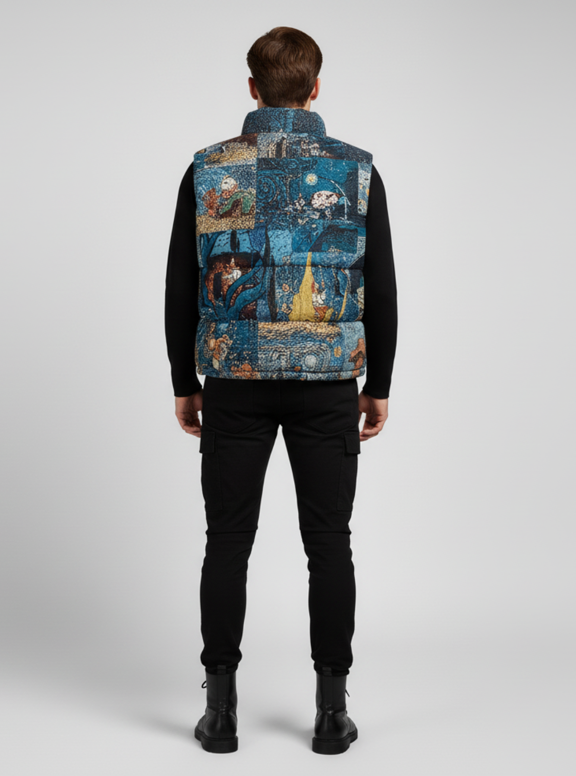 Person wearing a colorful patchwork vest on a gray background