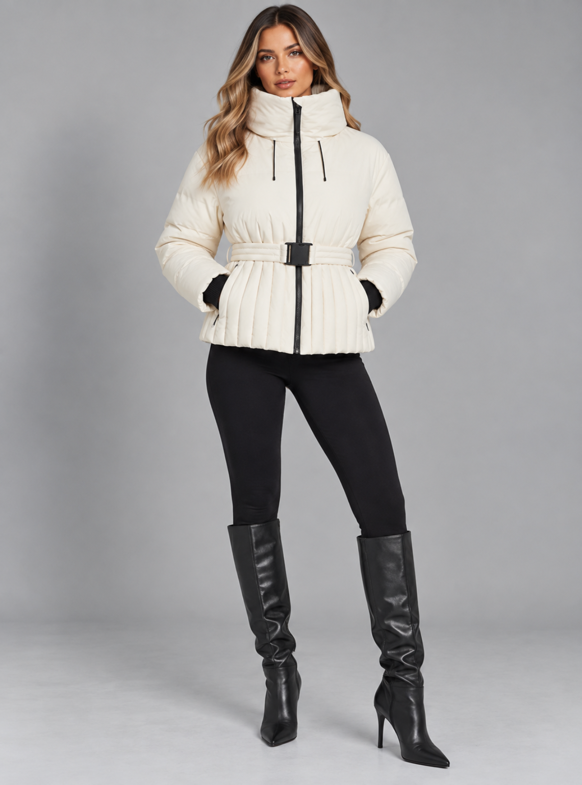 A woman modeling a cream-colored quilted puffer jacket with a black front zipper, black drawstrings, a matching black belt, black gloves, black leggings, and black knee-high heeled boots, set against a solid gray studio background.