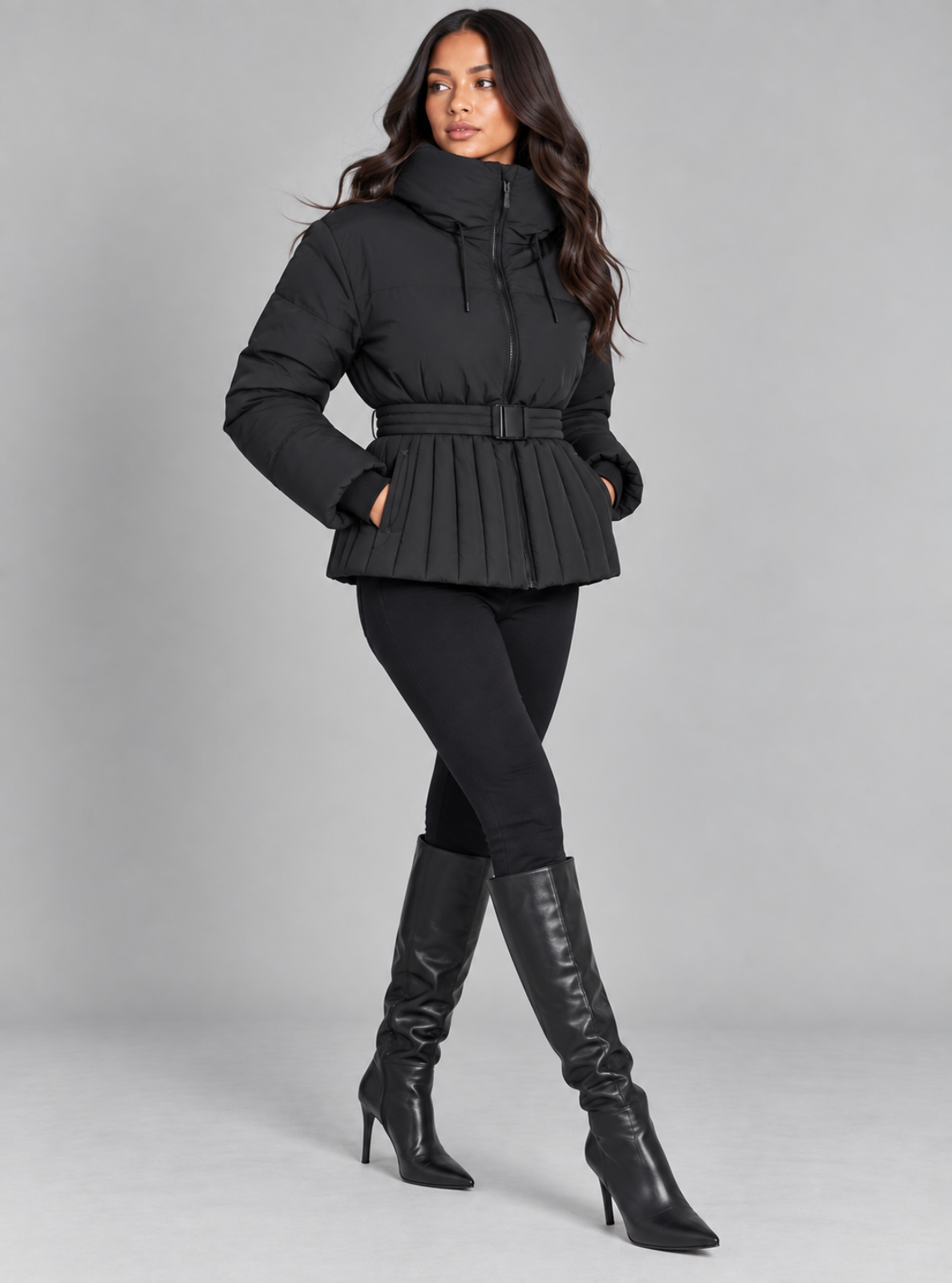 A woman modeling a black belted puffer jacket with a high collar, paired with black leggings and black knee-high heeled boots, against a solid gray studio background.