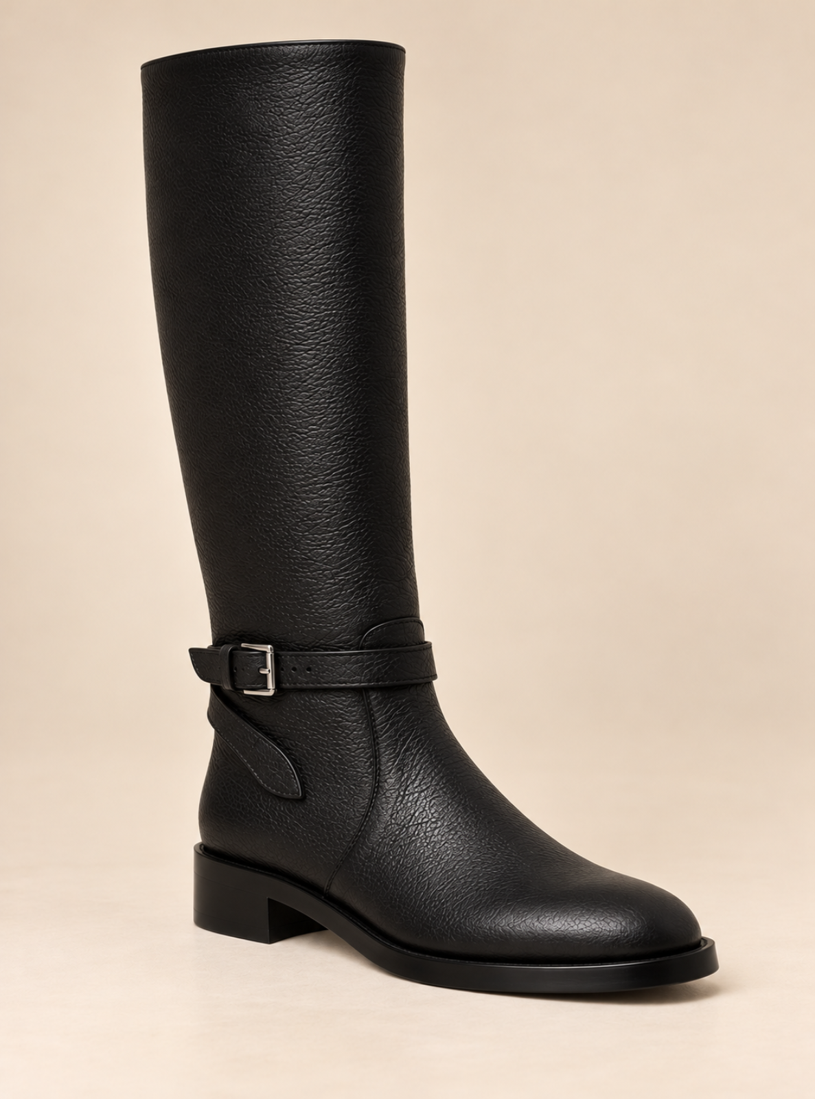 A single black pebbled leather knee-high boot with a low block heel and a decorative buckle strap around the ankle, shown against a solid beige background.
