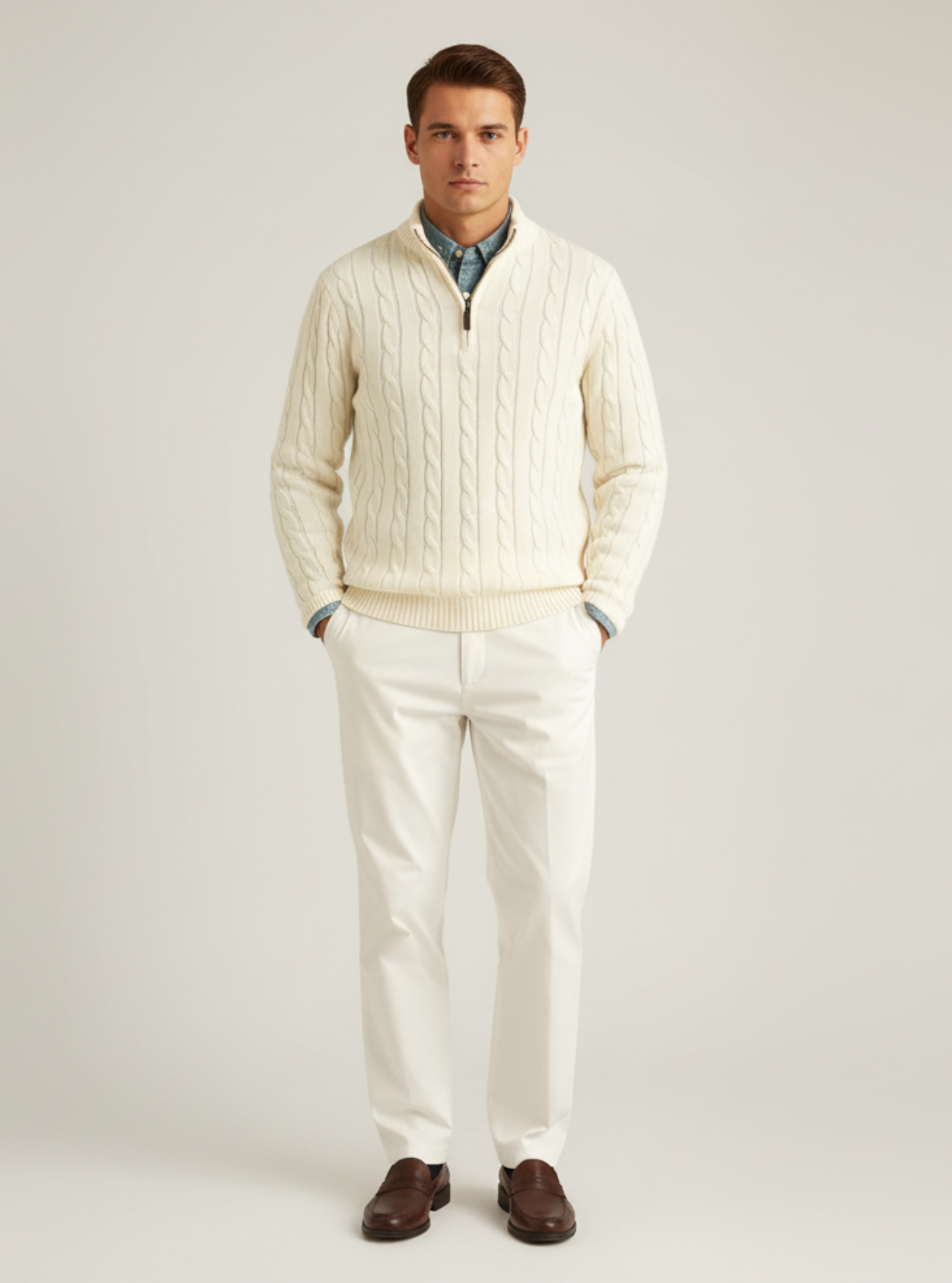 Man wearing a cream sweater and white pants on a plain background