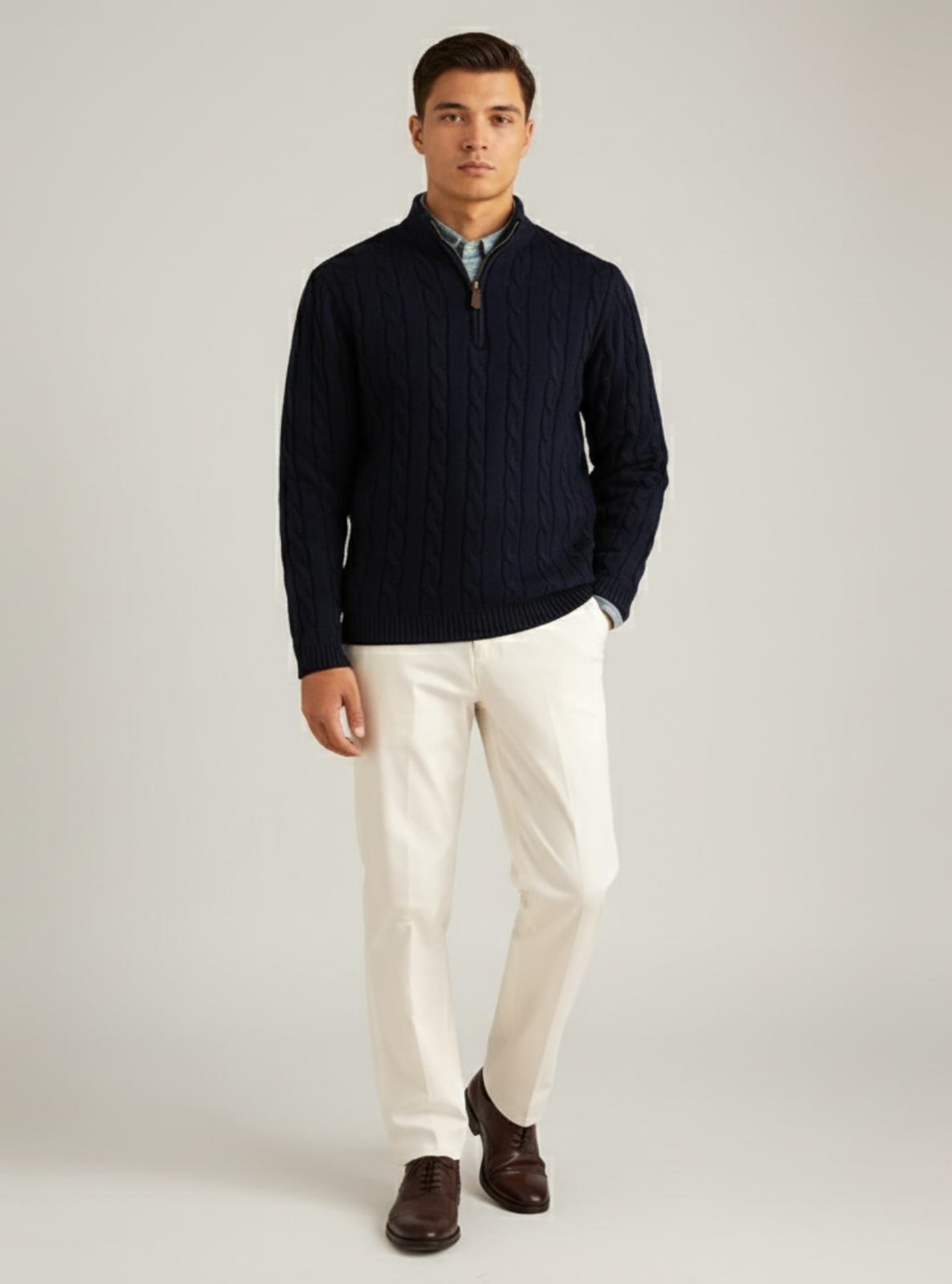 Man wearing a navy sweater, white pants, and brown shoes on a light gray background