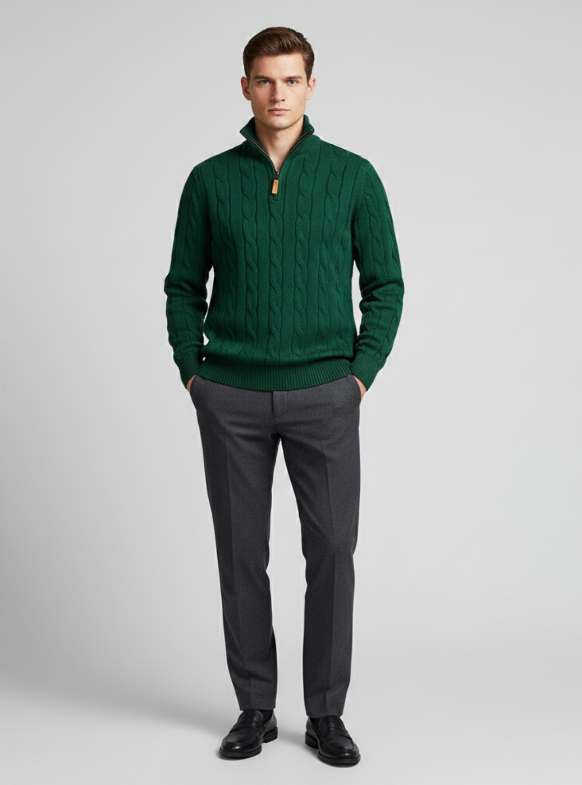 Man wearing a green sweater and gray pants on a light gray background