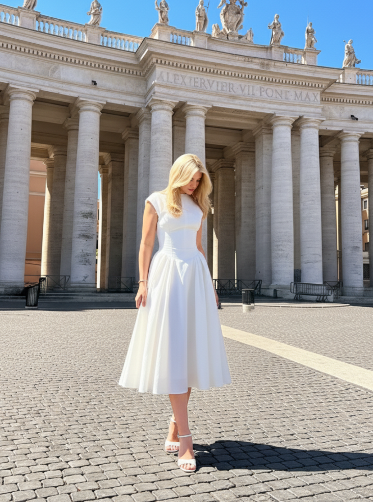 Woman in a white dress standing in front of a large architectural building with columns.