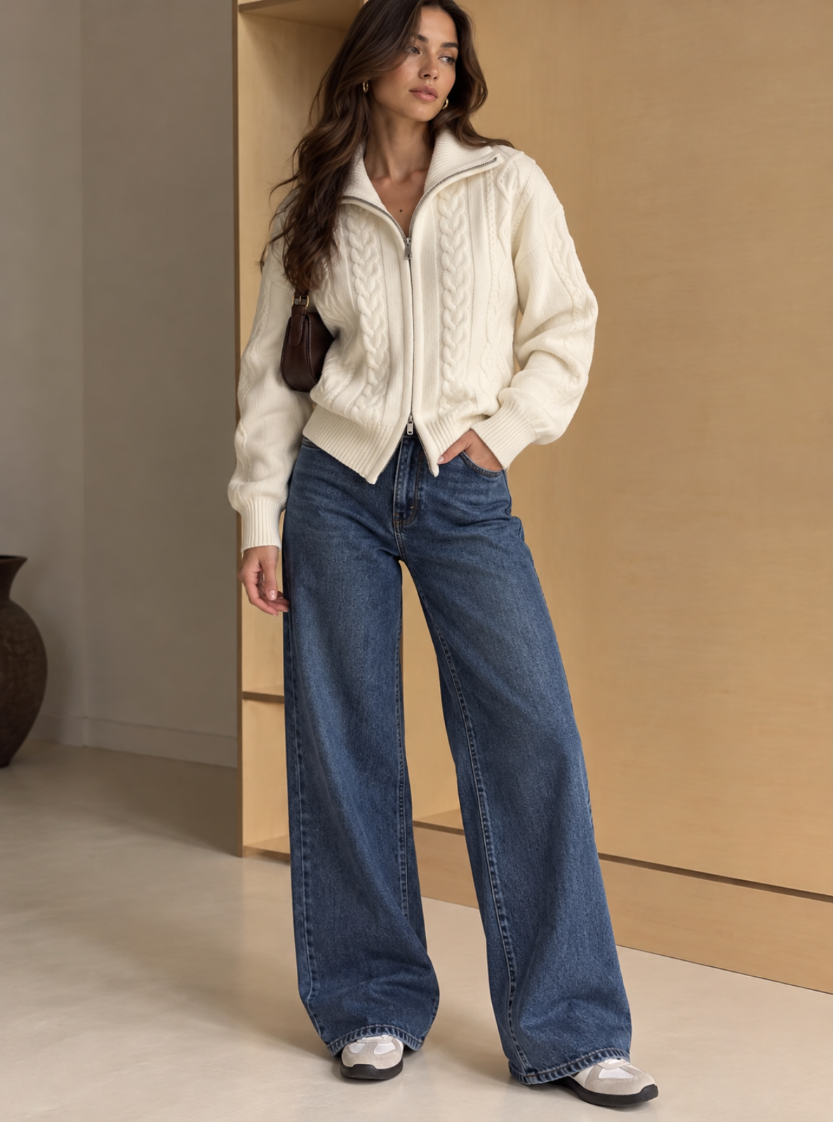 A woman stands indoors wearing a cream cable-knit zip-front sweater, wide-leg blue jeans, and white sneakers. The background is a warm beige interior with a wooden panel and light floor.