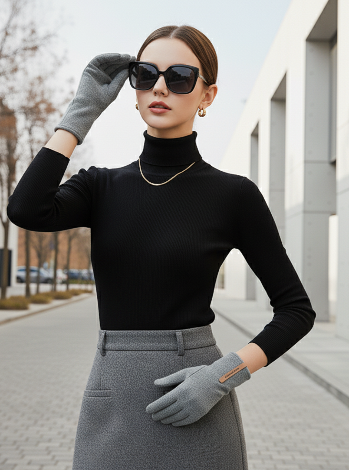 Woman wearing a black turtleneck and gray skirt with sunglasses and gloves, standing on a sidewalk.