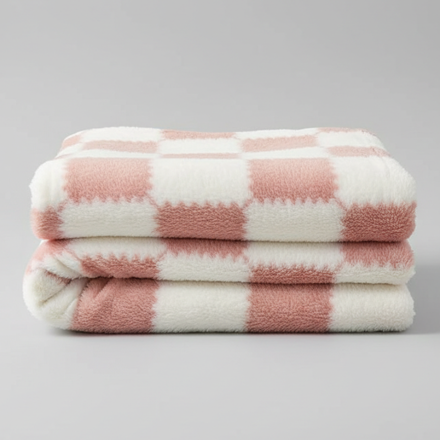 Stack of pink and white checkered blankets on a gray background