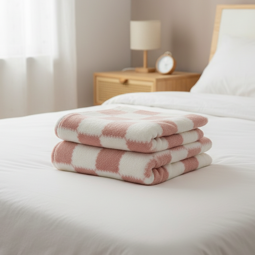 Stack of pink and white checkered towels on a bed in a bedroom setting.