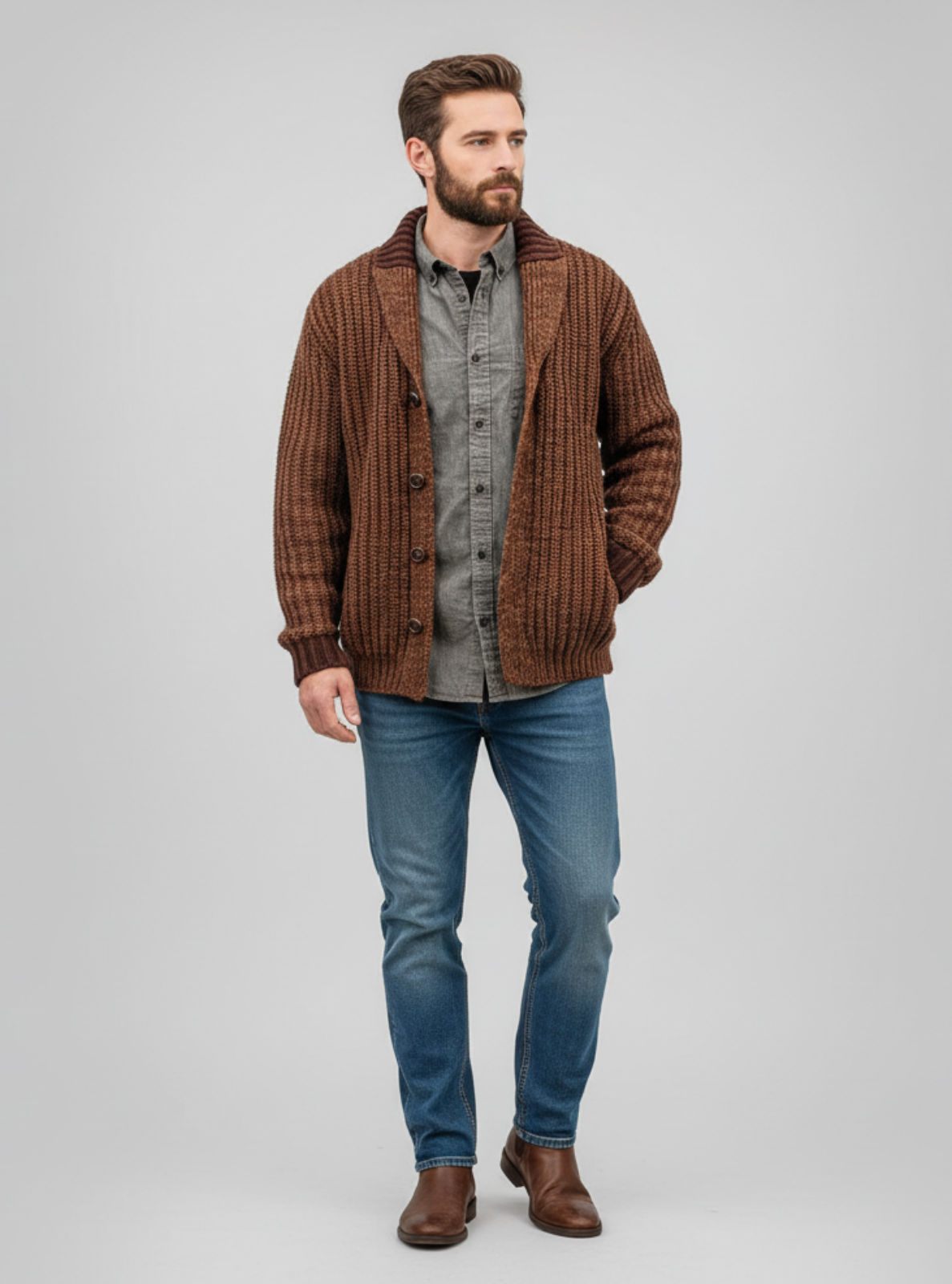 Man wearing a brown plaid shirt over a gray shirt, blue jeans, and brown shoes on a light gray background.