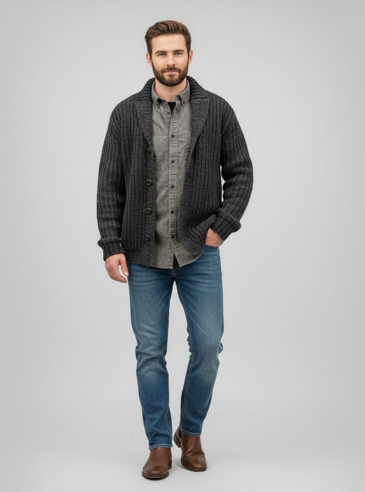 Man wearing a dark plaid jacket, gray shirt, blue jeans, and brown shoes on a light gray background