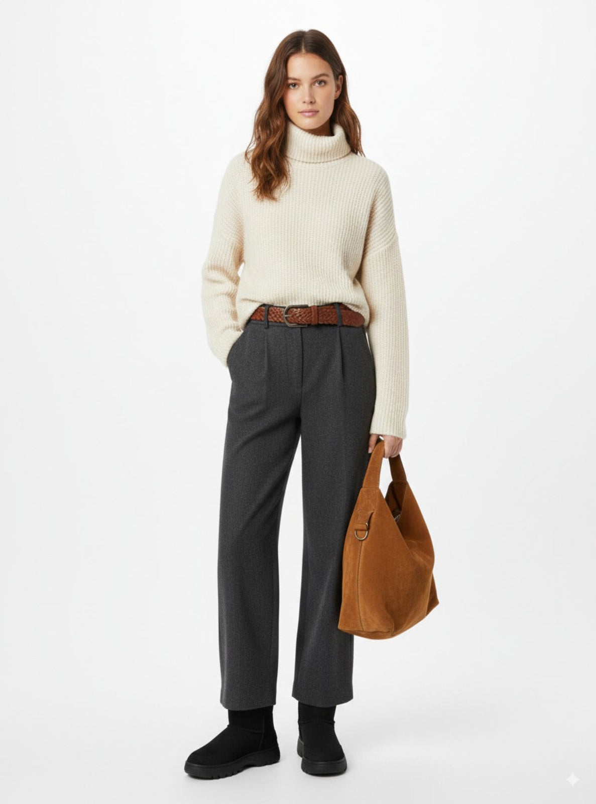 Woman wearing a cream sweater, gray pants, and holding a brown bag on a white background