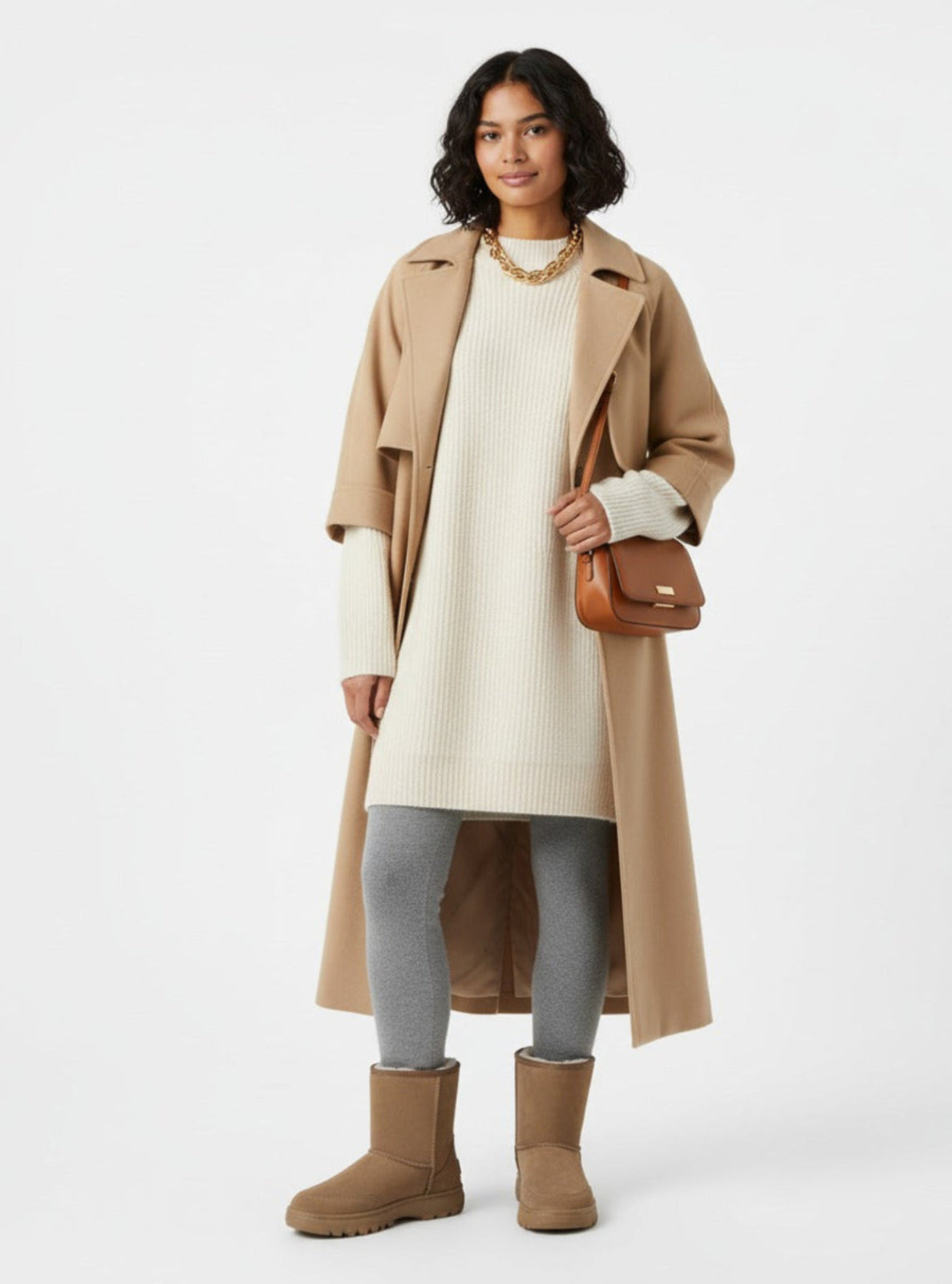 Woman wearing a beige coat, cream sweater, gray leggings, and brown boots on a white background