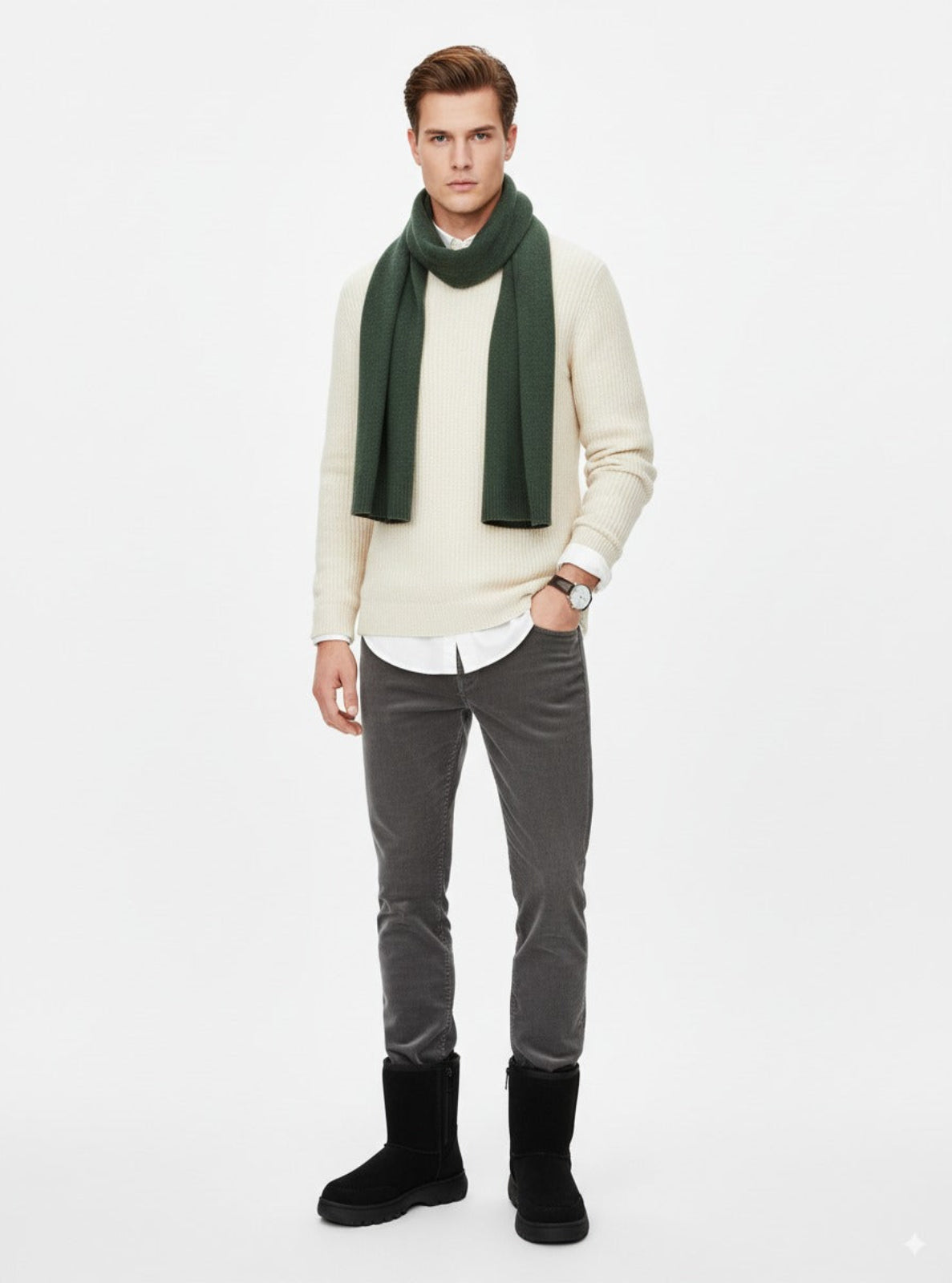 Man wearing a cream sweater, green scarf, gray pants, and black boots on a white background