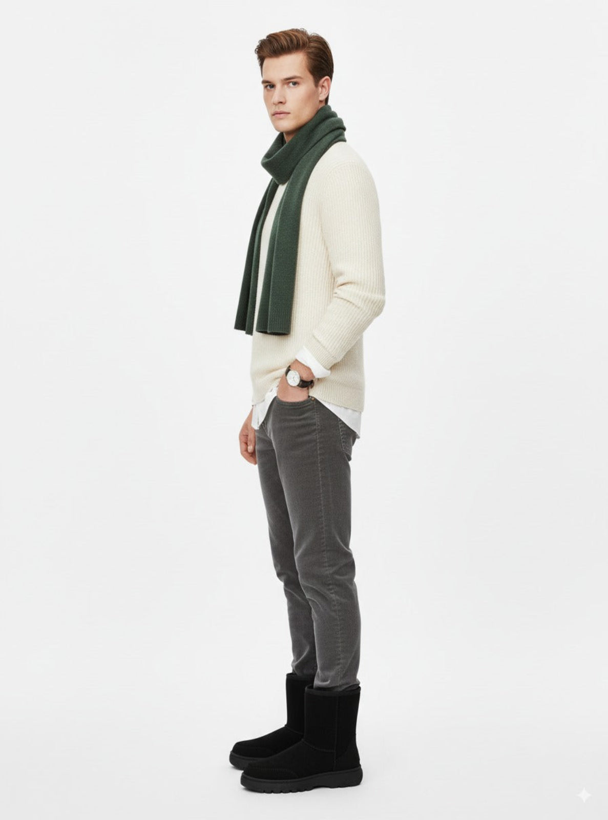 Man wearing a white sweater, green scarf, gray pants, and black boots on a white background