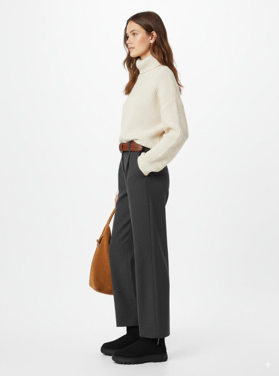 Woman wearing a white turtleneck sweater and dark pants with a brown bag on a white background
