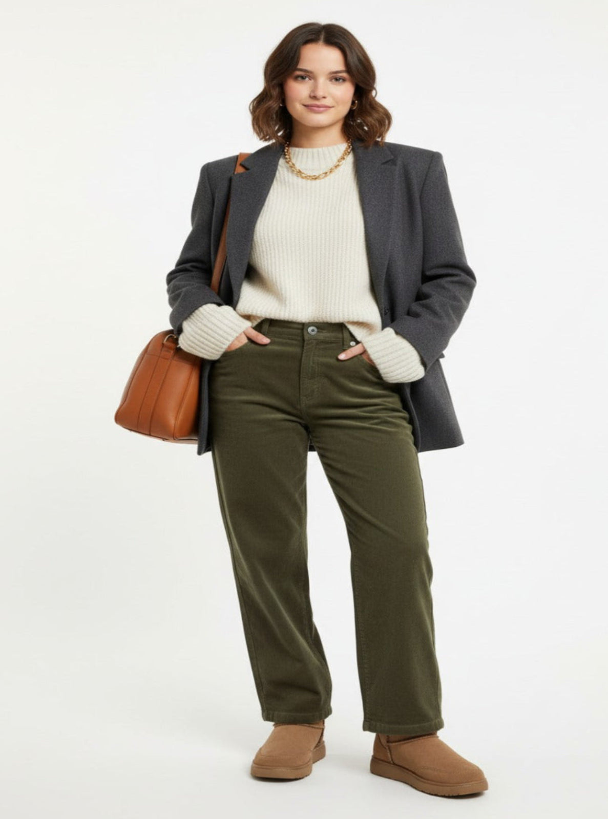 Woman wearing a gray blazer, white sweater, green pants, and brown boots on a white background