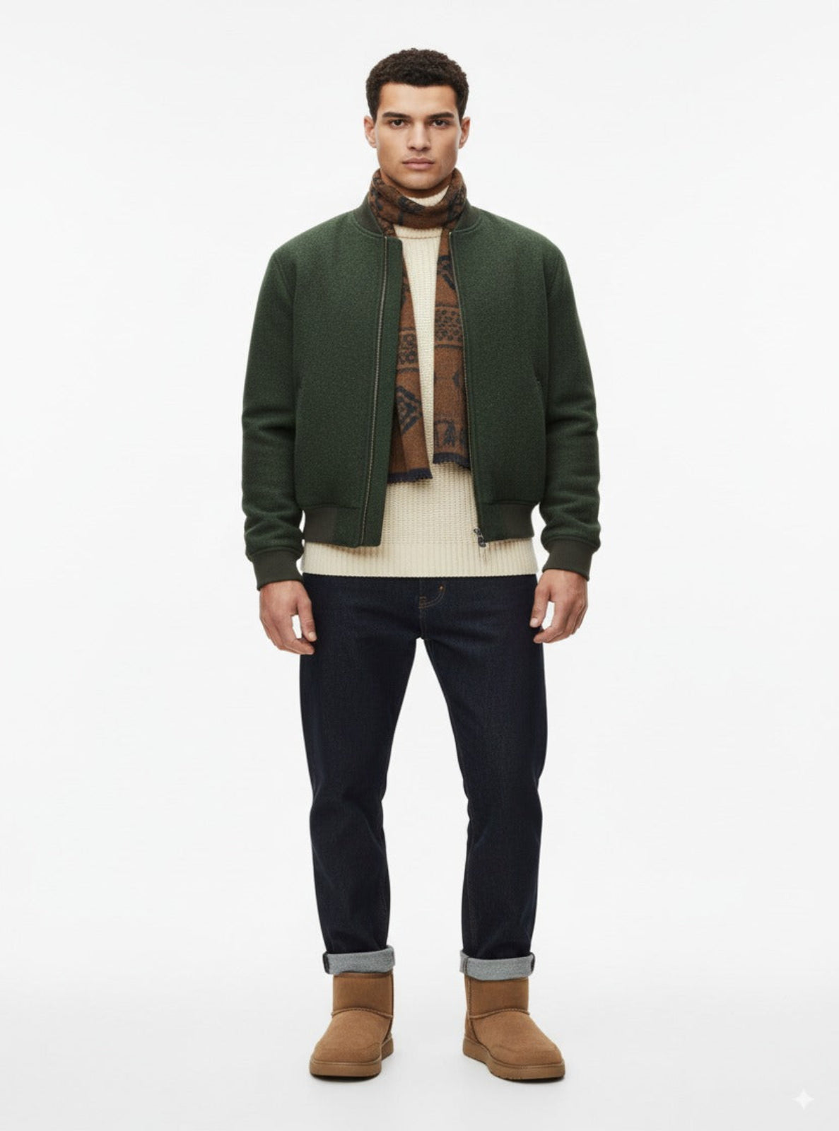 Man wearing a green jacket, patterned sweater, beige shirt, dark jeans, and brown boots on a white background