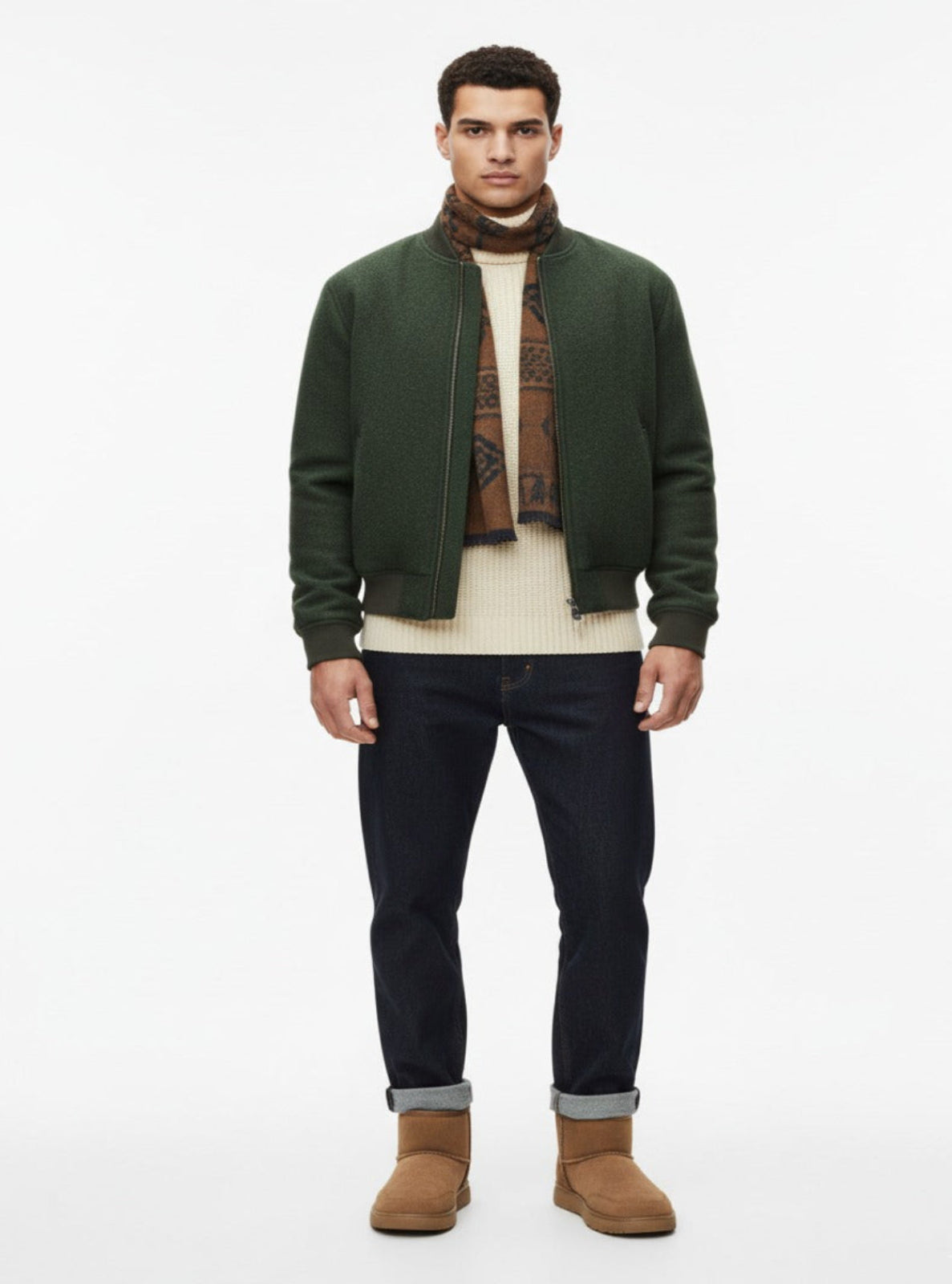 Man wearing a green jacket, patterned sweater, beige shirt, dark jeans, and brown boots on a white background