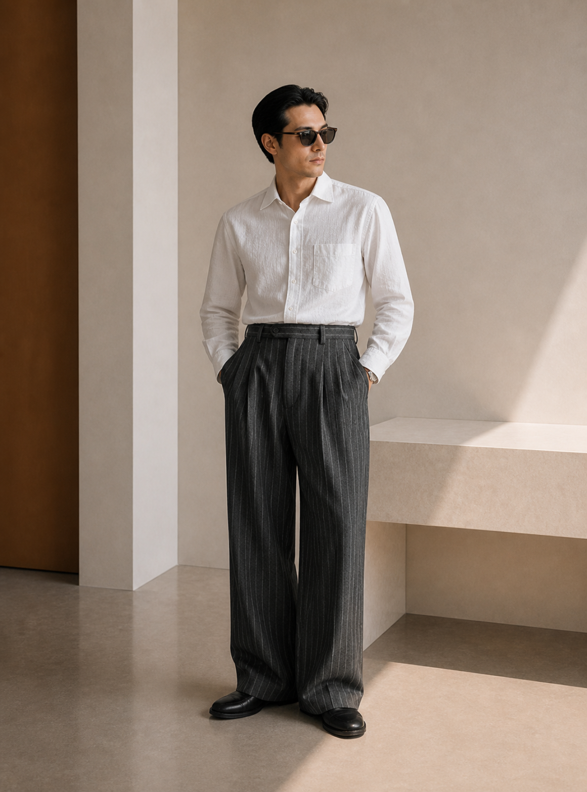 Man wearing a white shirt and dark trousers standing in a minimalistic room.