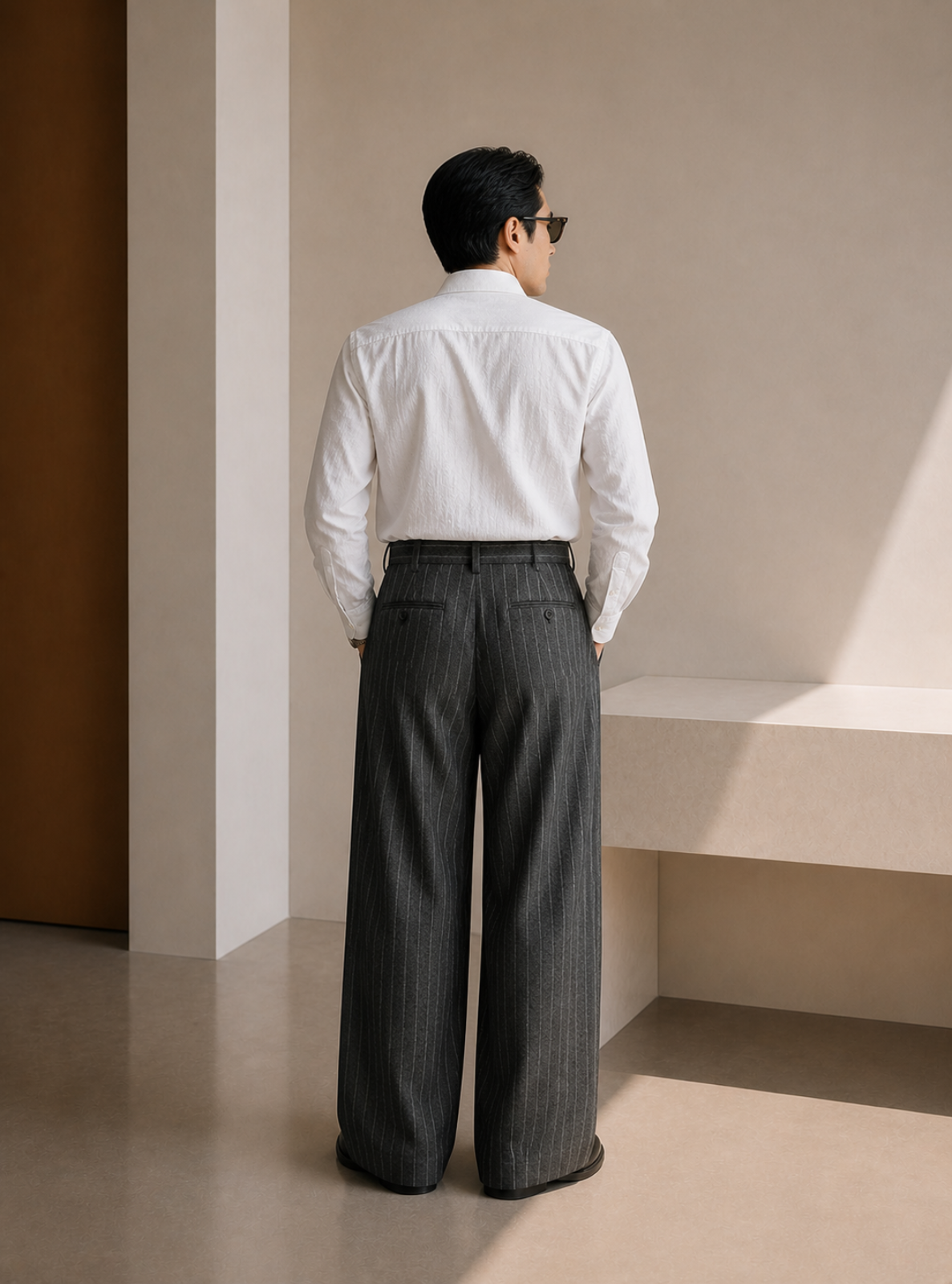 Person wearing a white shirt and dark pants standing in a minimalistic room with a neutral color palette.