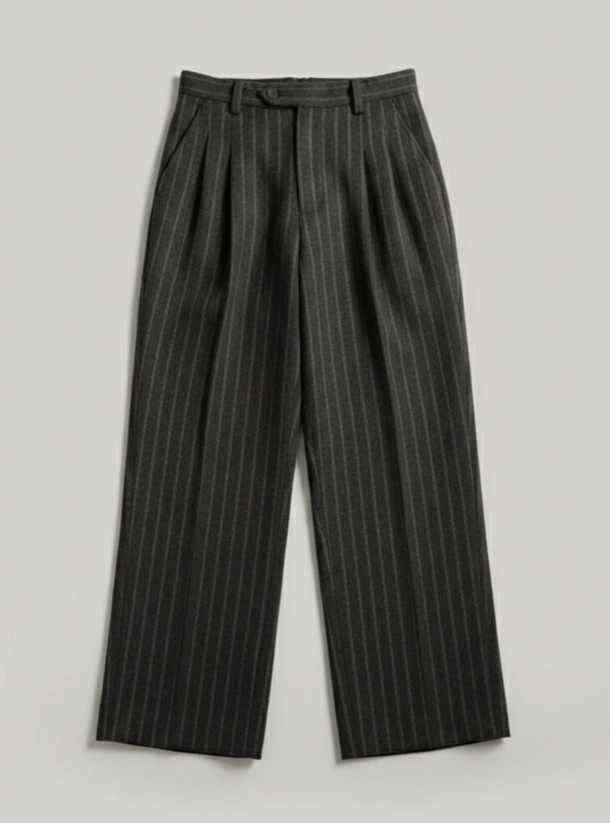 Black pinstripe pants on a light gray background