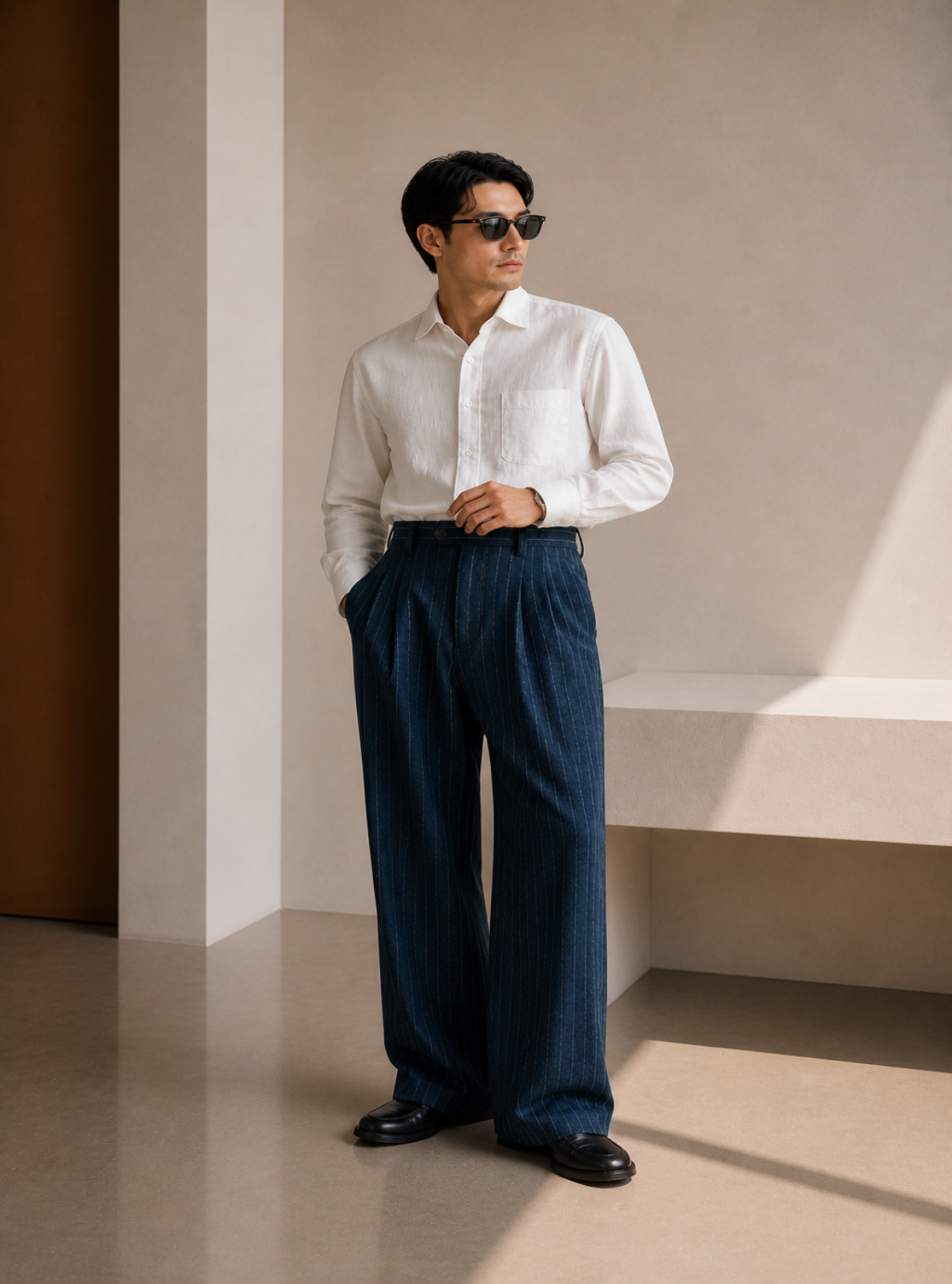Man wearing a white shirt and blue pants standing in a minimalistic room with a neutral color palette.