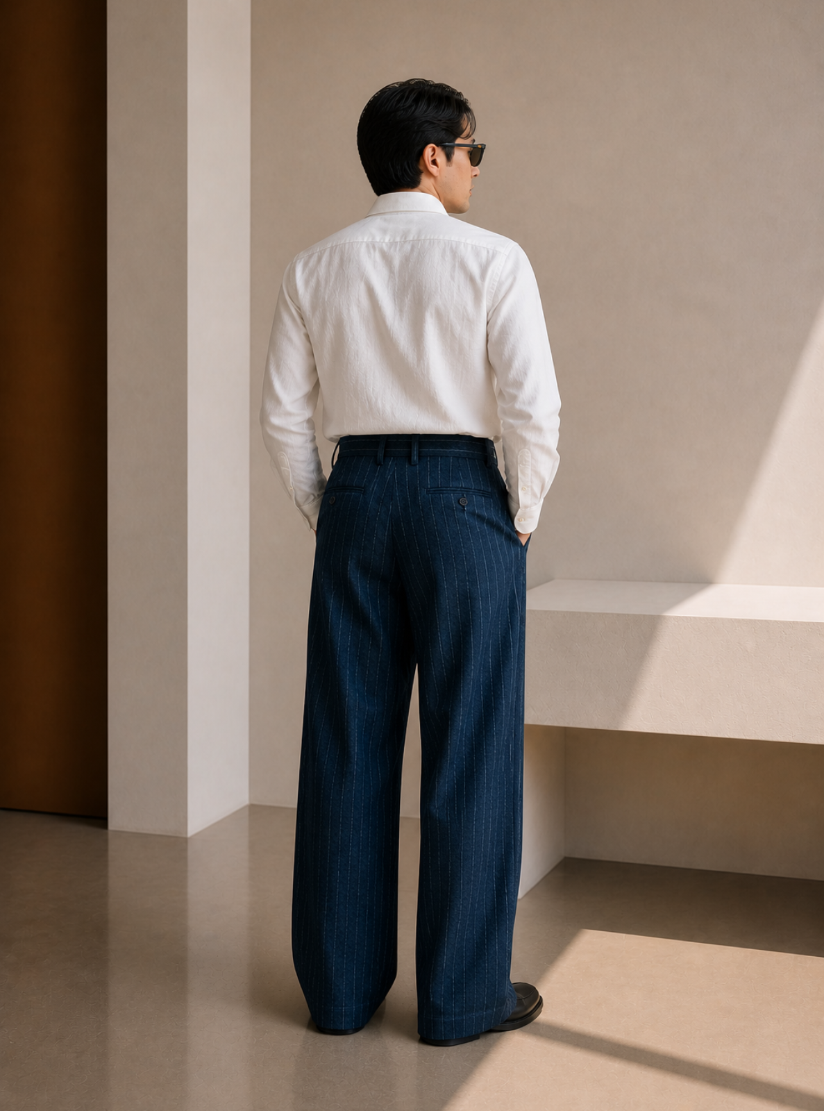Man wearing a white shirt and dark pants standing in a minimalistic room with a light-colored wall and floor.