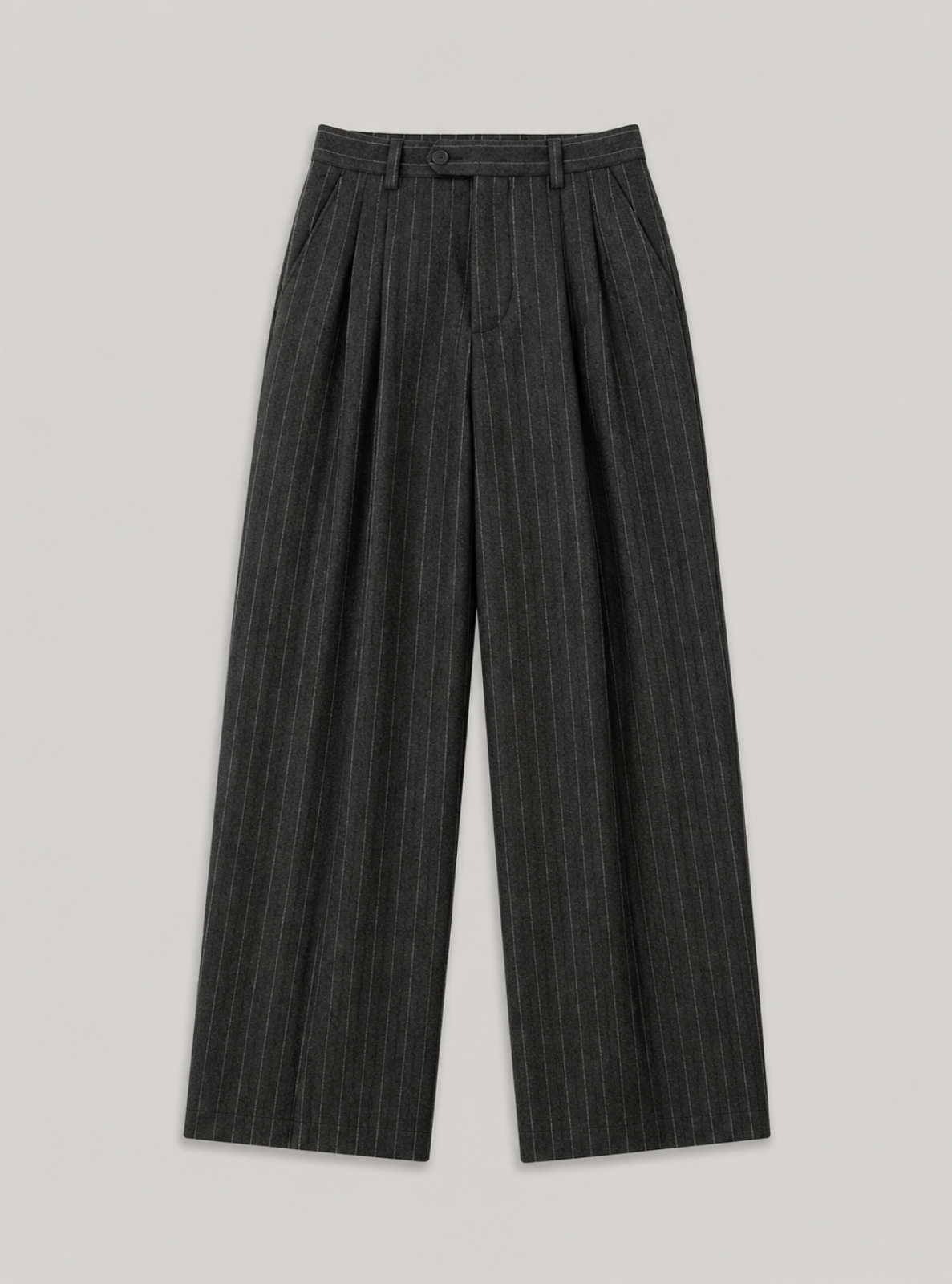 Black pinstripe pants on a light gray background