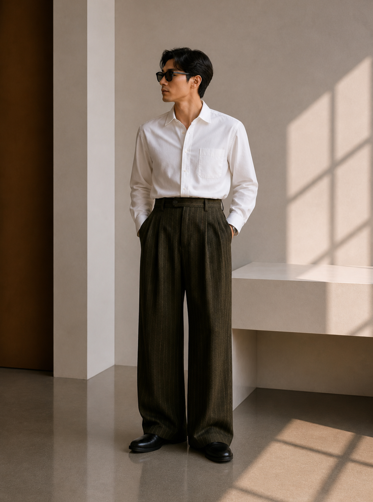 Man wearing a white shirt and dark pants standing in a sunlit room.