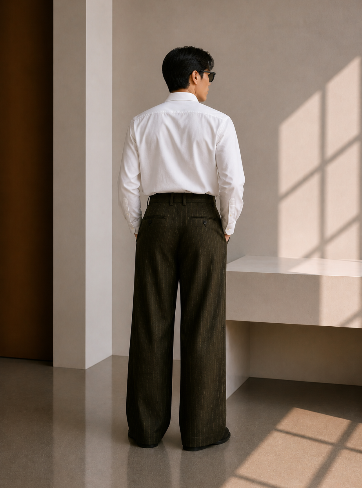 Person wearing a white shirt and dark pants standing in a sunlit room.