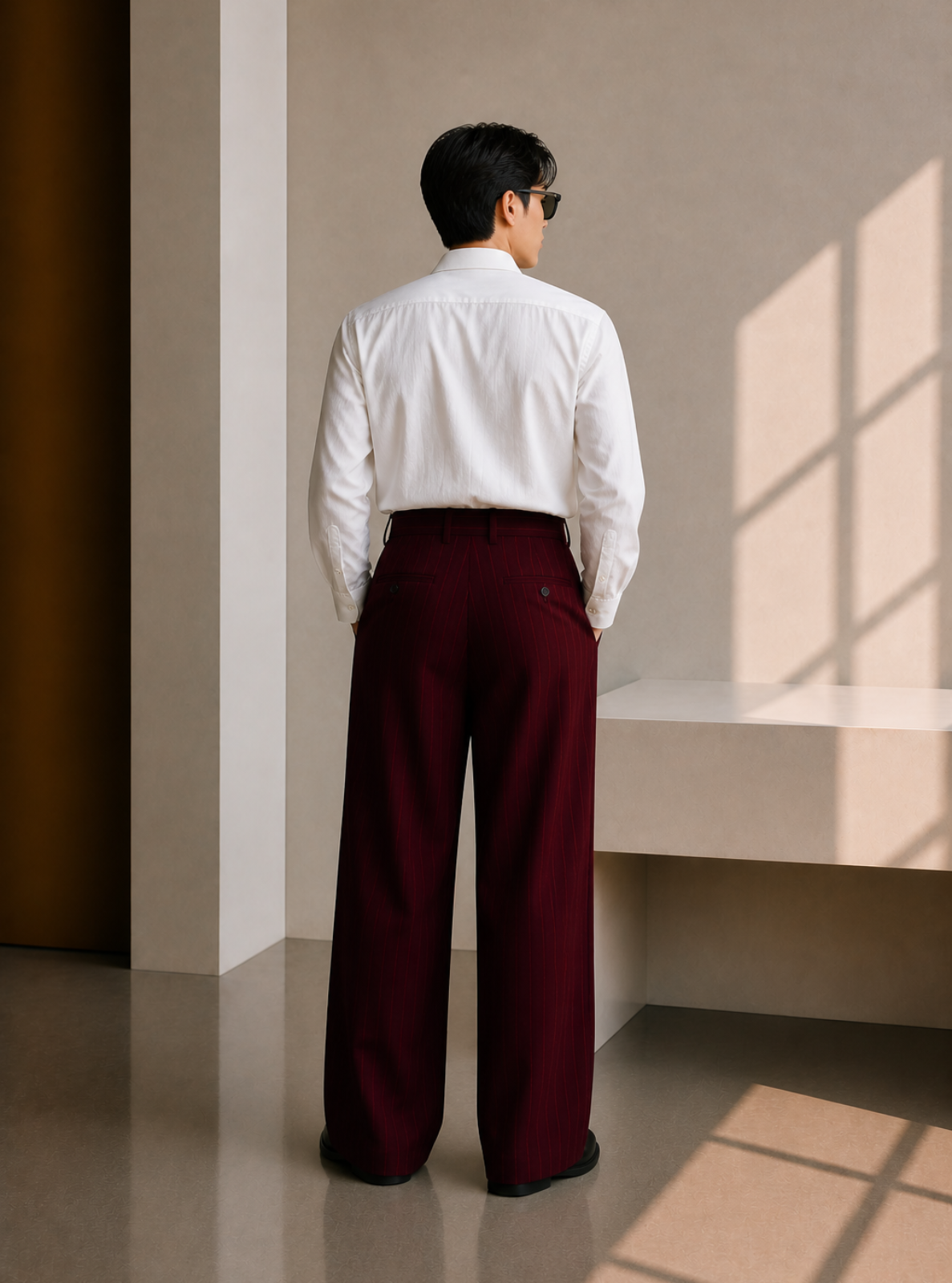 Person wearing a white shirt and burgundy pants standing in a sunlit room.