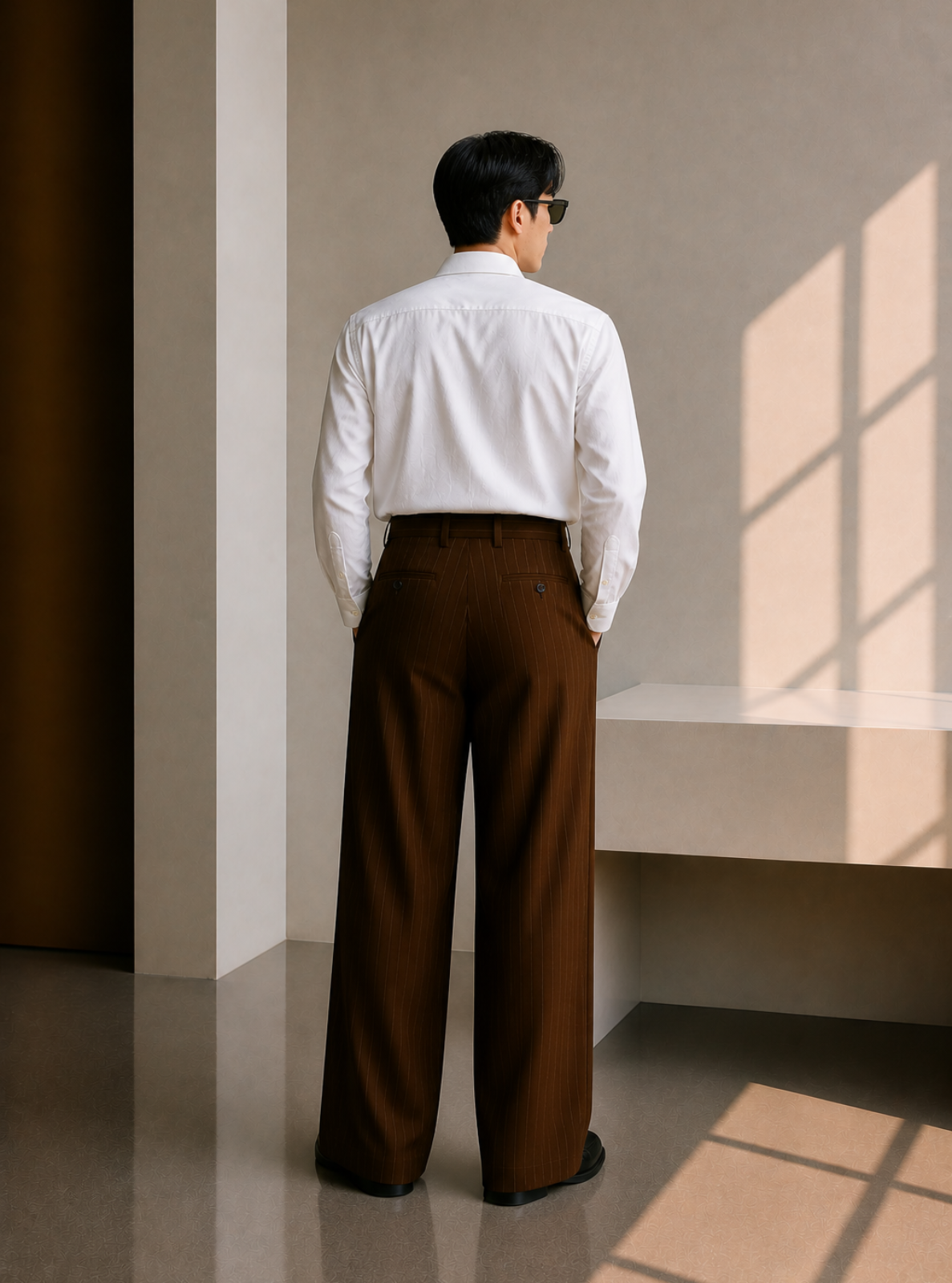 Person wearing a white shirt and brown pants standing in a room with sunlight streaming in.