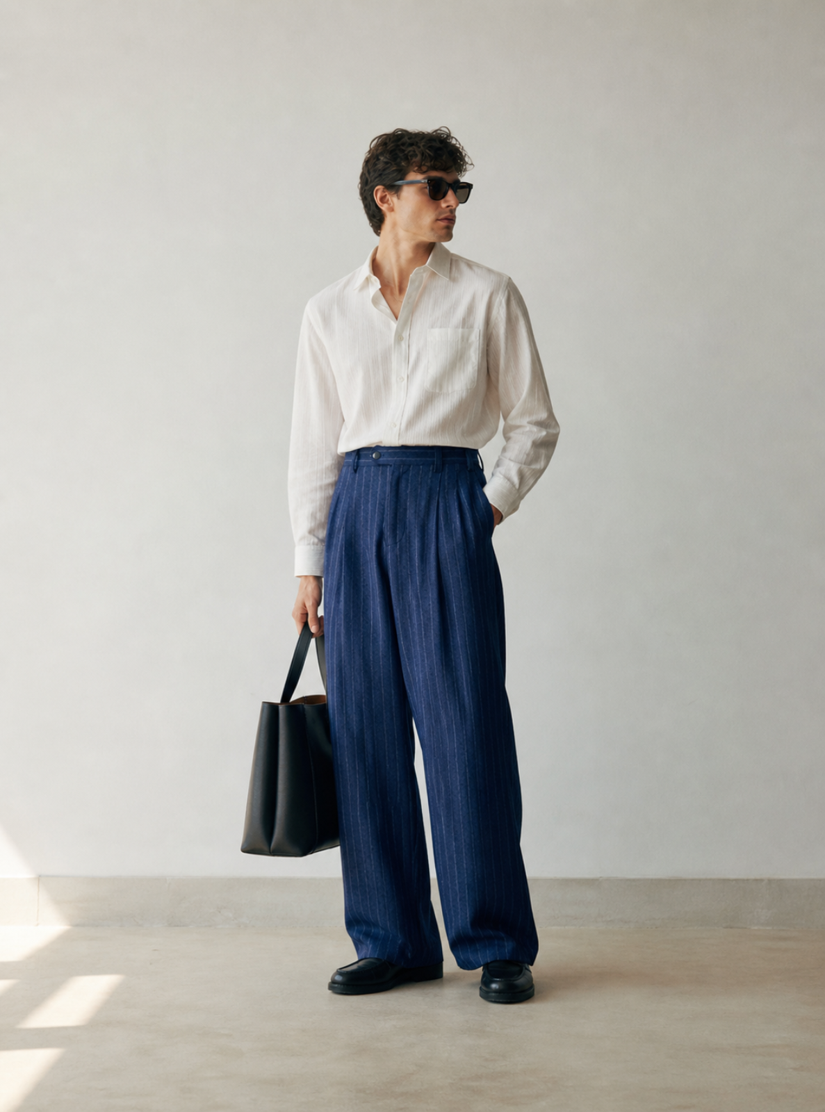 Person wearing a white shirt and blue pants holding a black bag against a plain background