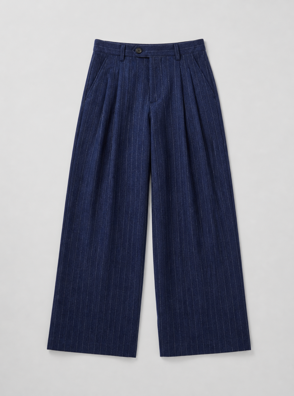 Navy blue striped pants on a light gray background