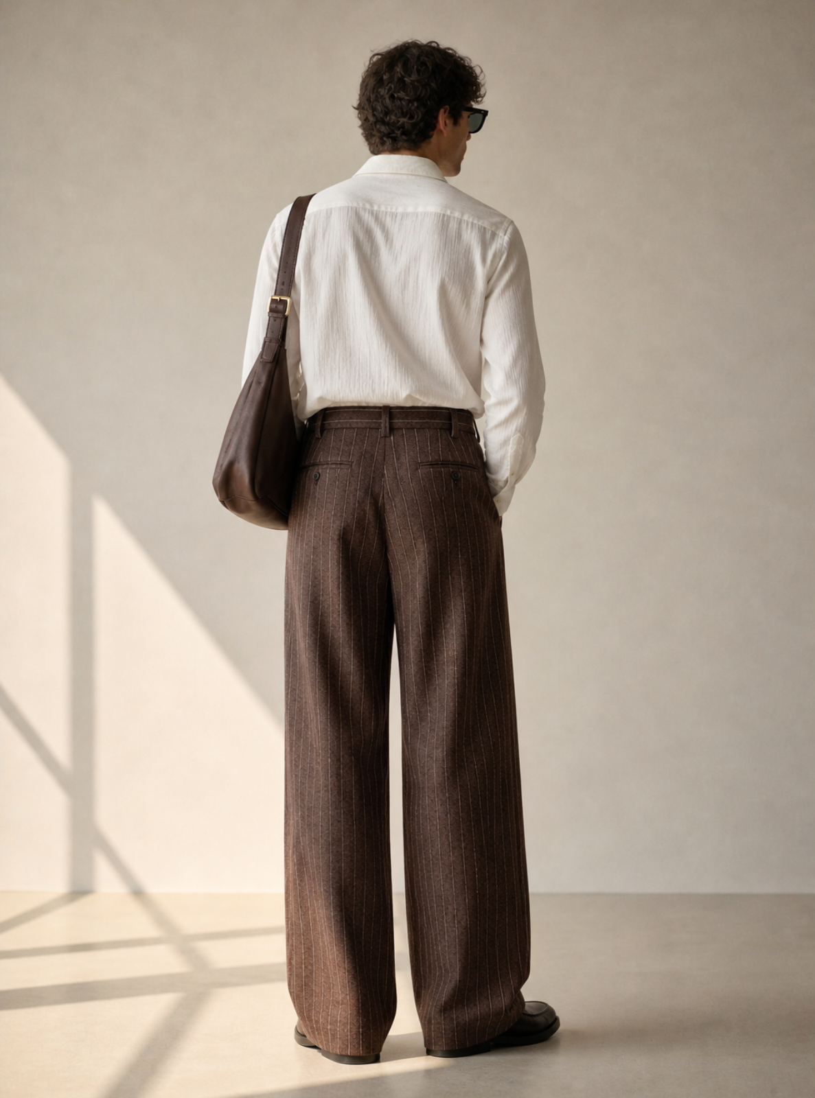 Person wearing a white shirt and brown pants, standing against a plain wall.