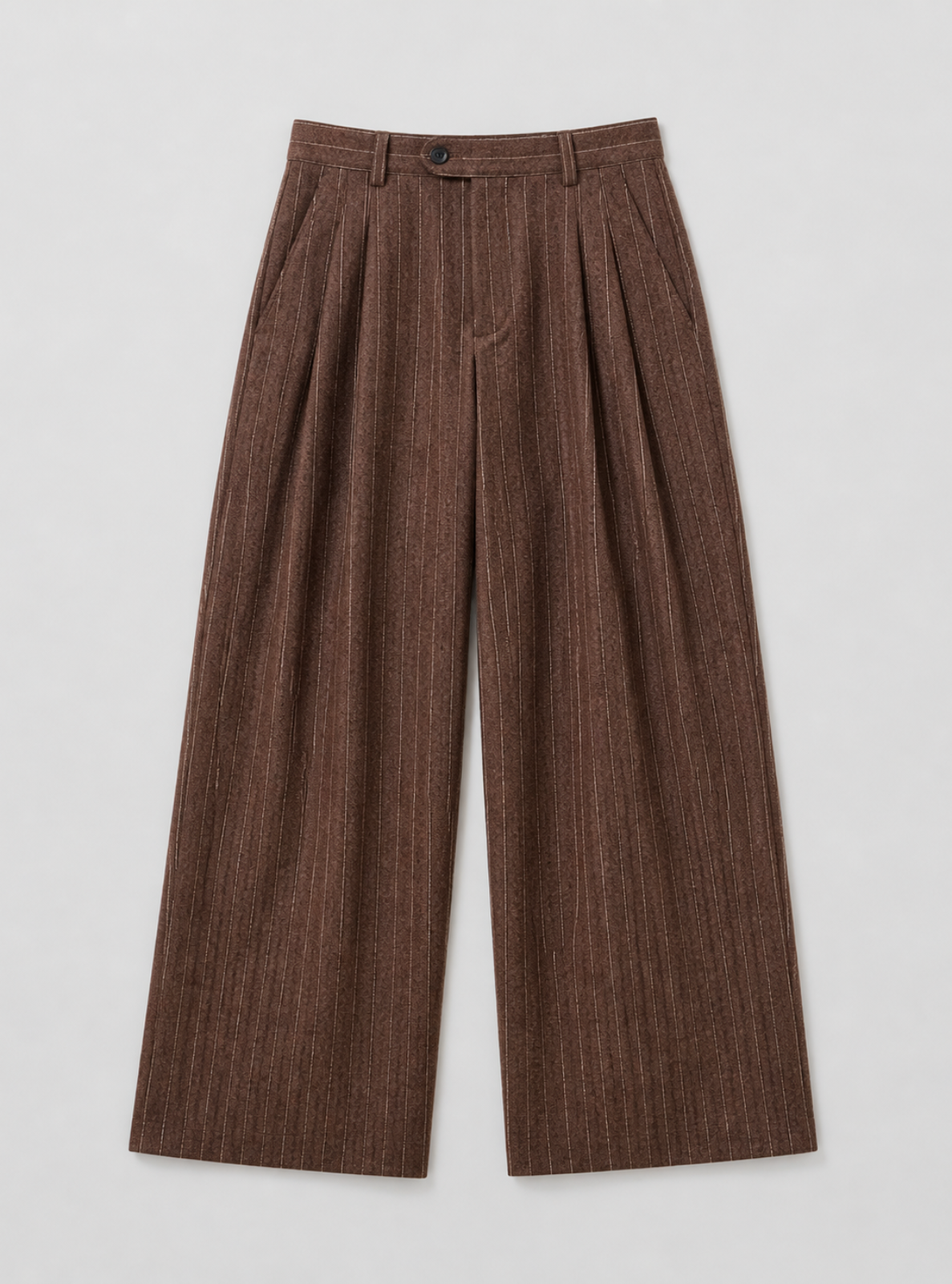 Brown pleated pants on a light gray background