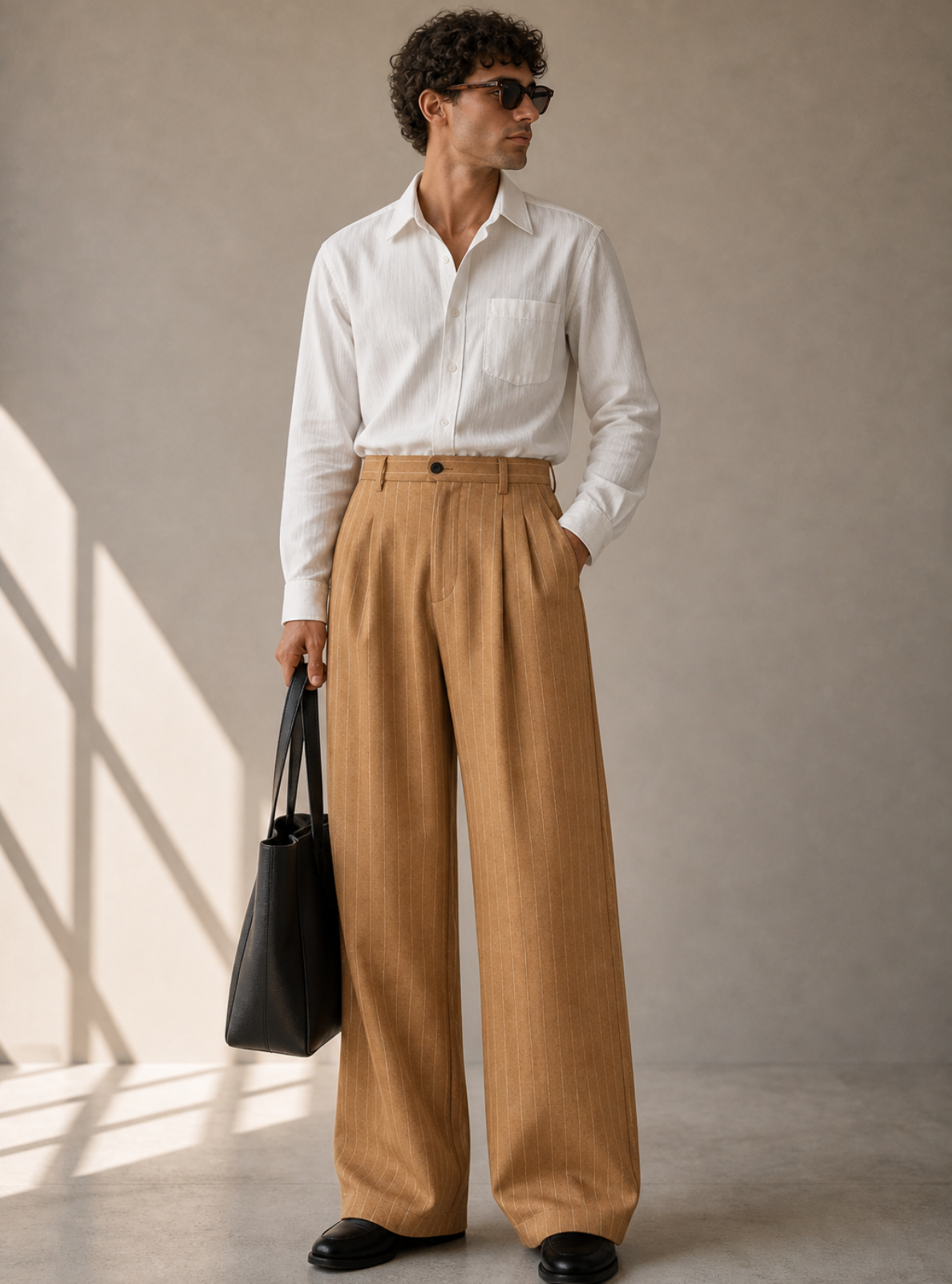 Man wearing a white shirt and tan pants holding a black bag against a neutral background
