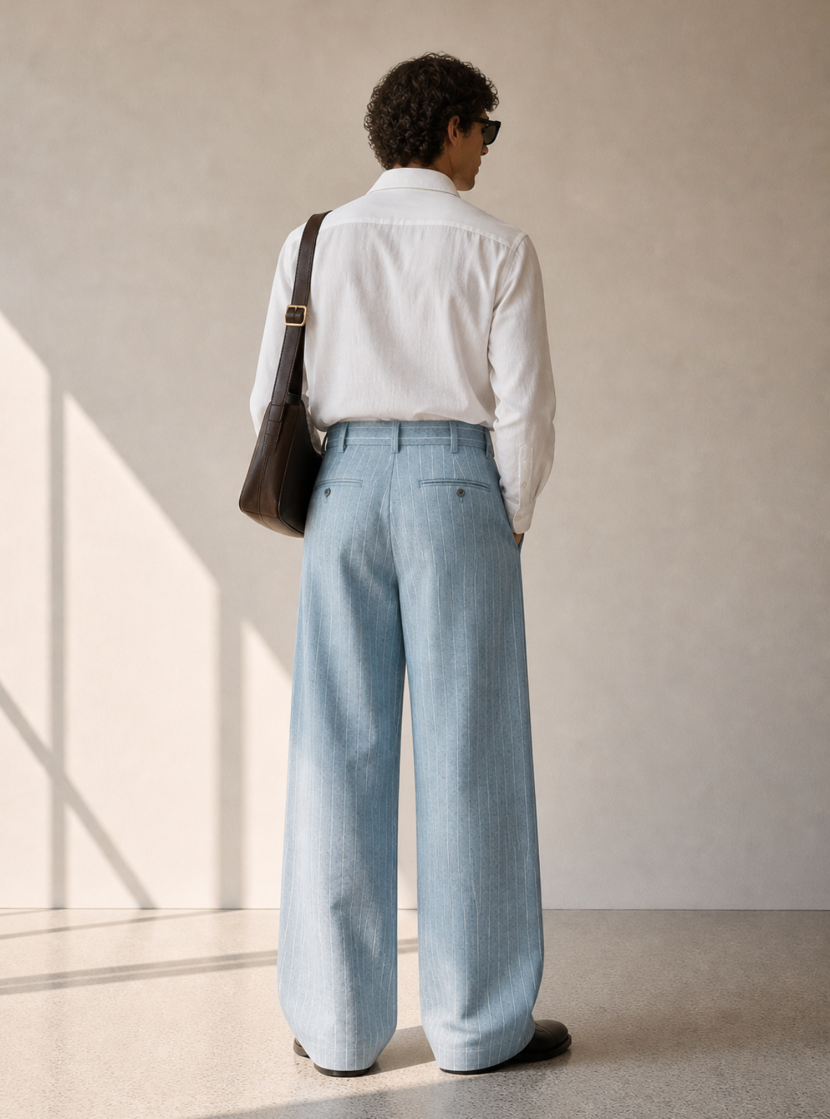 Person wearing a white shirt and light blue pants standing in a room with a neutral wall.