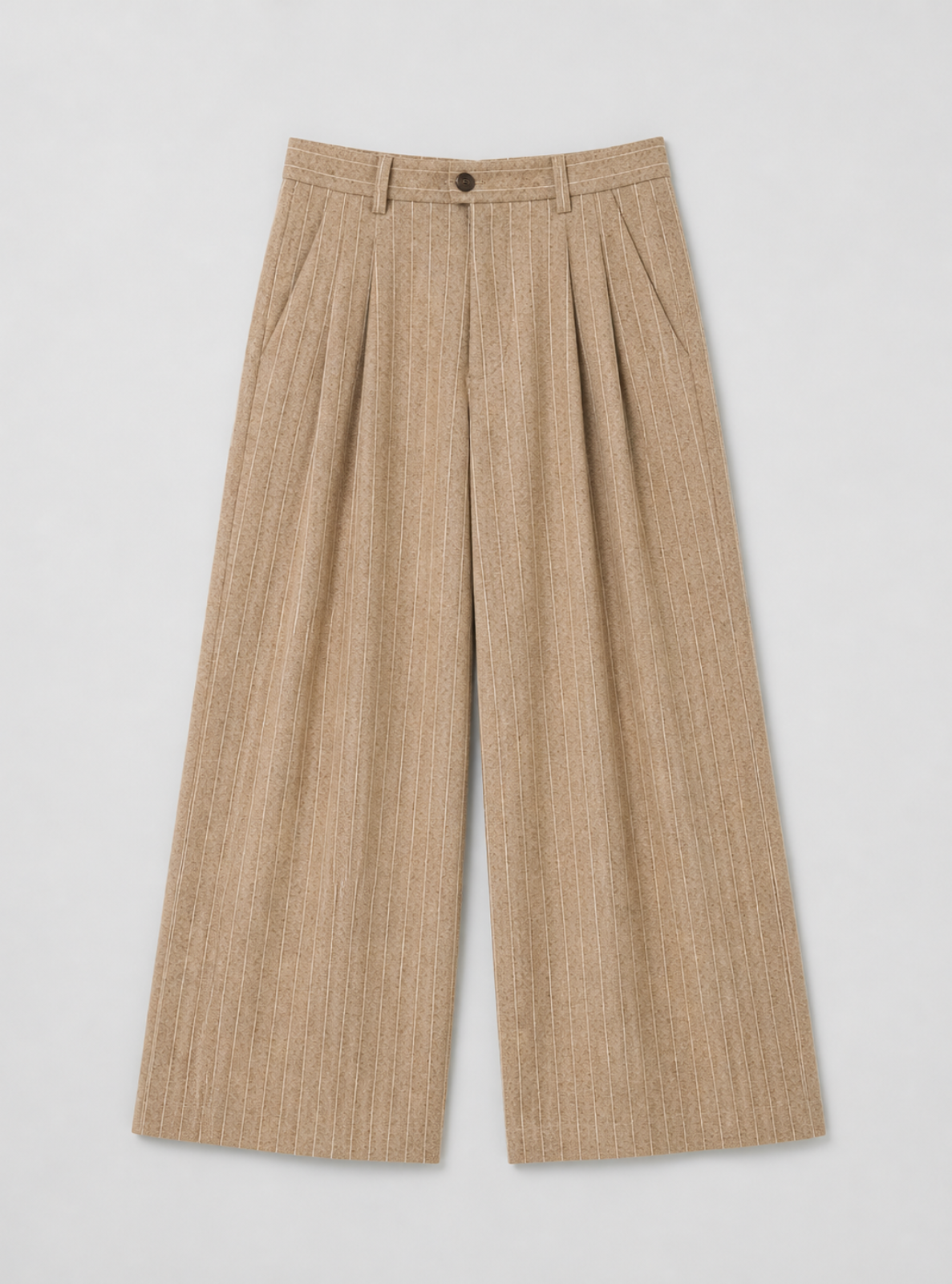 Beige wide-leg pants on a light gray background